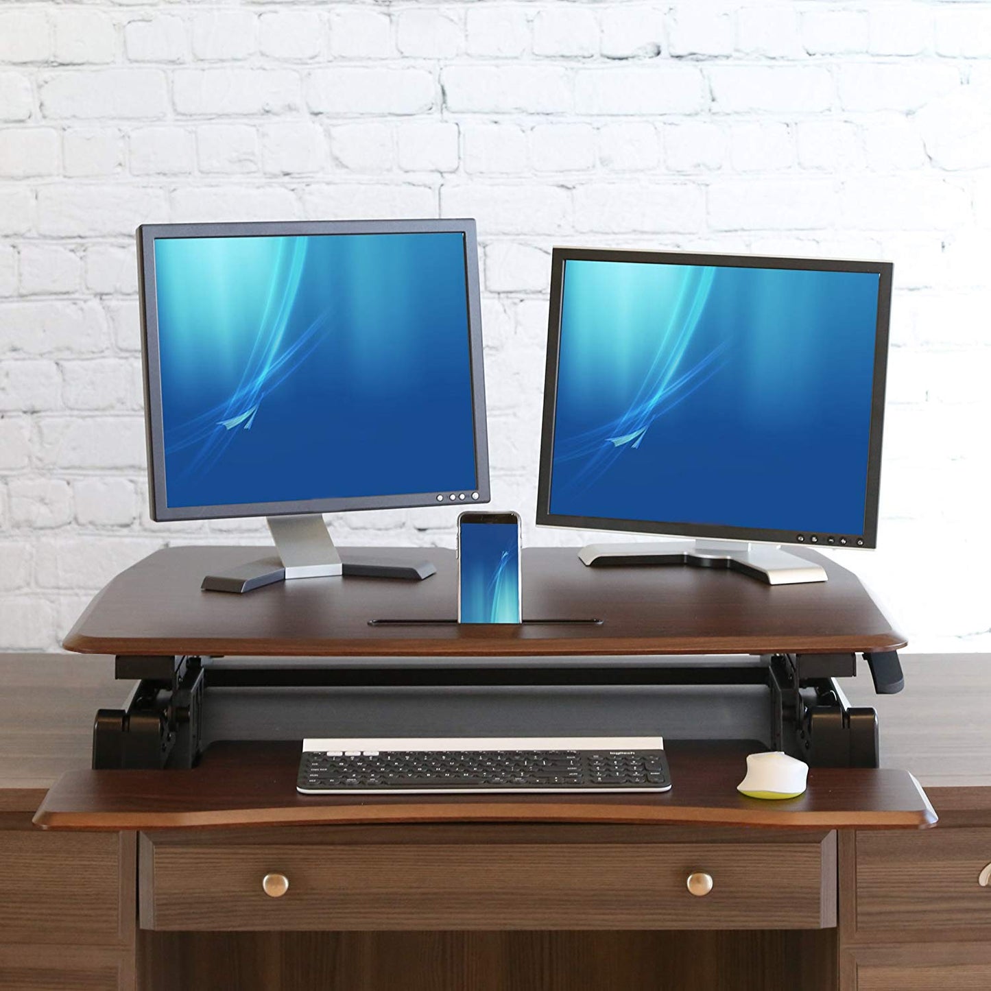 Seville Classics Height Adjustable Dual Monitor Riser with Keyboard Tray & Smartphone/Tablet Stand, Walnut