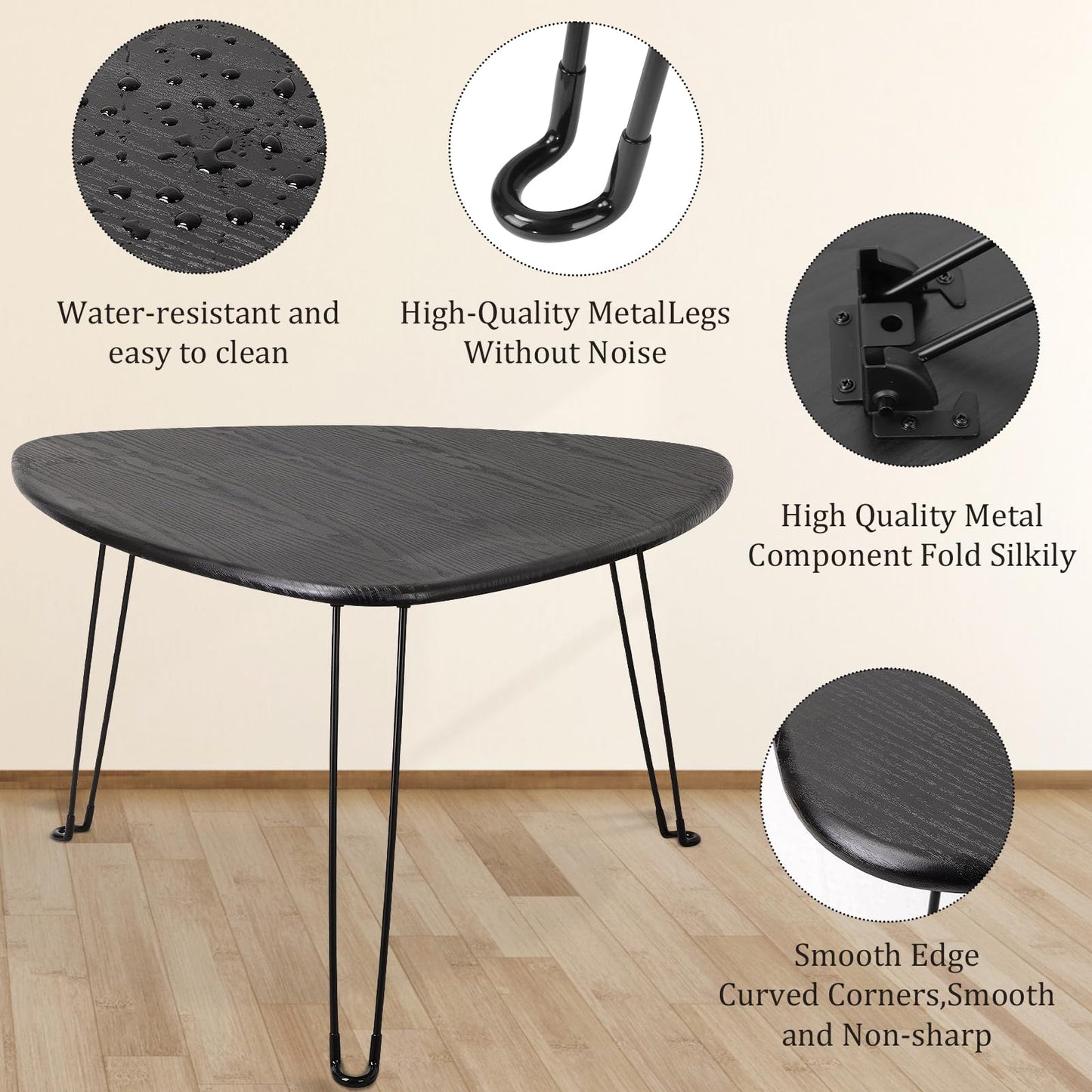 FEUFOAM Black Folding Coffee Table Small Oval Coffee Tables Wooden Triangle Floor Desk for Sitting on the Floor Mid Century Modern Center Sofa Table