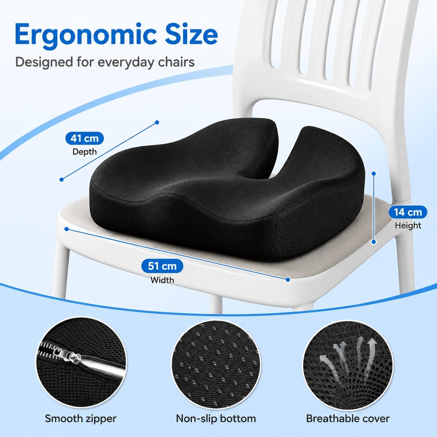 GOOGO Extra Large Coccyx Cushion, Ergonomic Memory Foam Seat Cushion for Tailbone Pain Relief, with Contoured Support