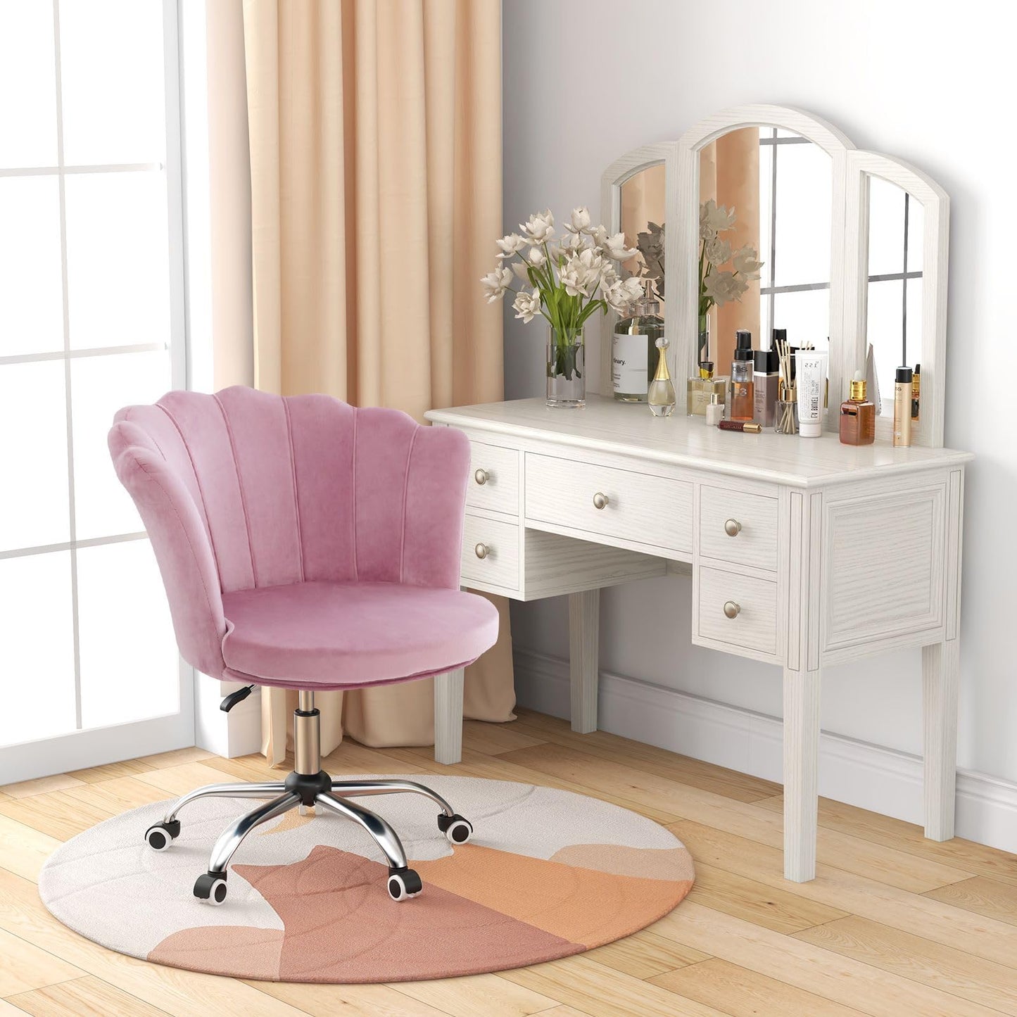 CASART Rolling Velvet Office Chair with Petal Backrest, Ergonomic 360° Swivel Upholstered Desk Chair