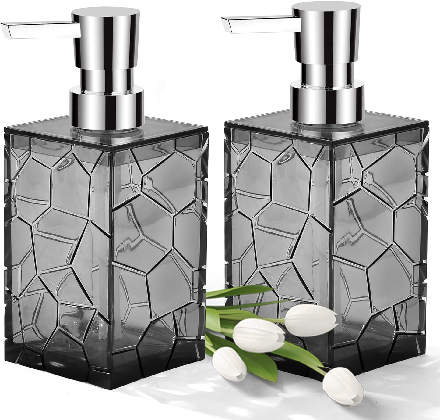 2 Pack Hand Soap Dispenser Set, Clear Acrylic Plastic Liquid Pump Bottles Refillable Lotion Dispenser for Bathroom Decor Kitchen College Dorm (Gray)