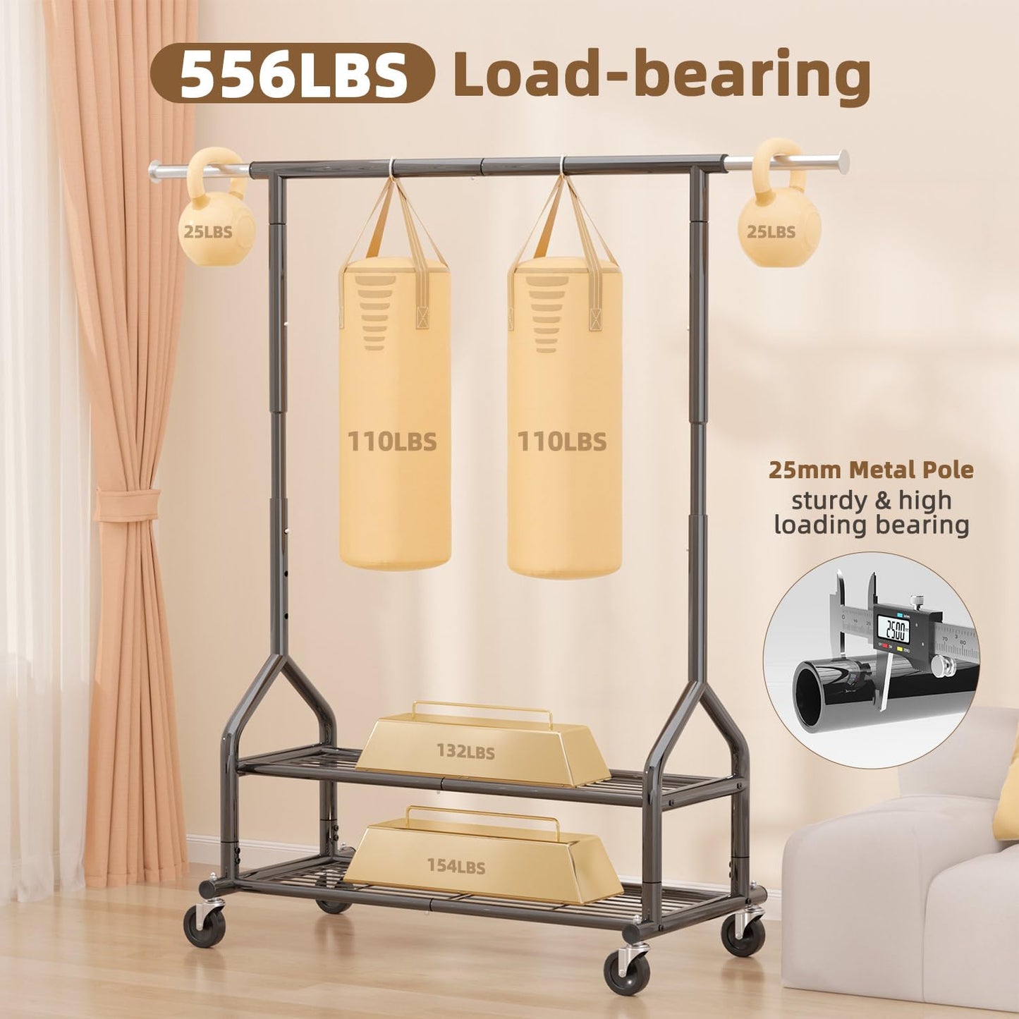 EAGMAK Heavy Duty Rolling Clothes Rail Load 252 KG, Height Adjustable,Black