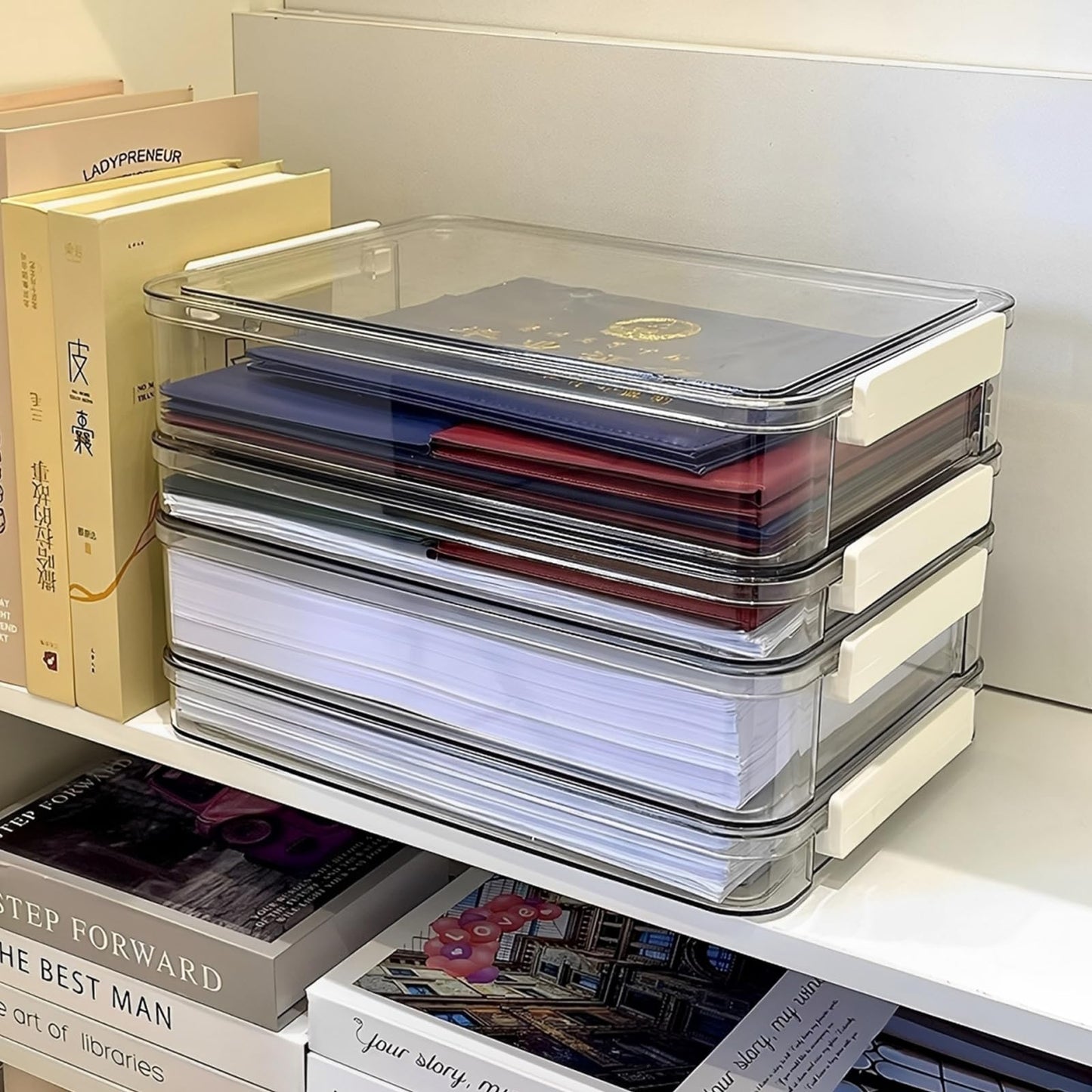 MEIDIV 4 PCS Plastic A4 Storage Boxes with Lids, 34.7x23.4x6.5CM Clear Stackable Shallow Storage Box, A4 Box for Paper Storage, Document, Stationery