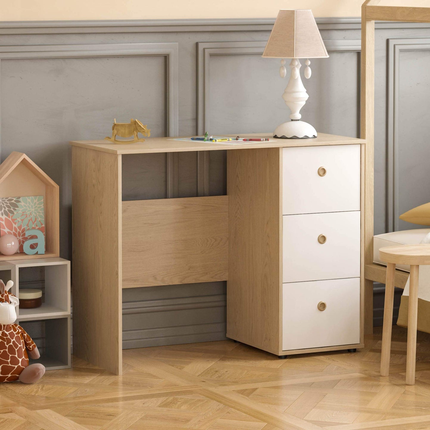 Junior Vida Neptune 3 Drawer Desk Computer Dressing Table PC/Laptop Home Study Workstation Children Kids Furniture (White & Oak)