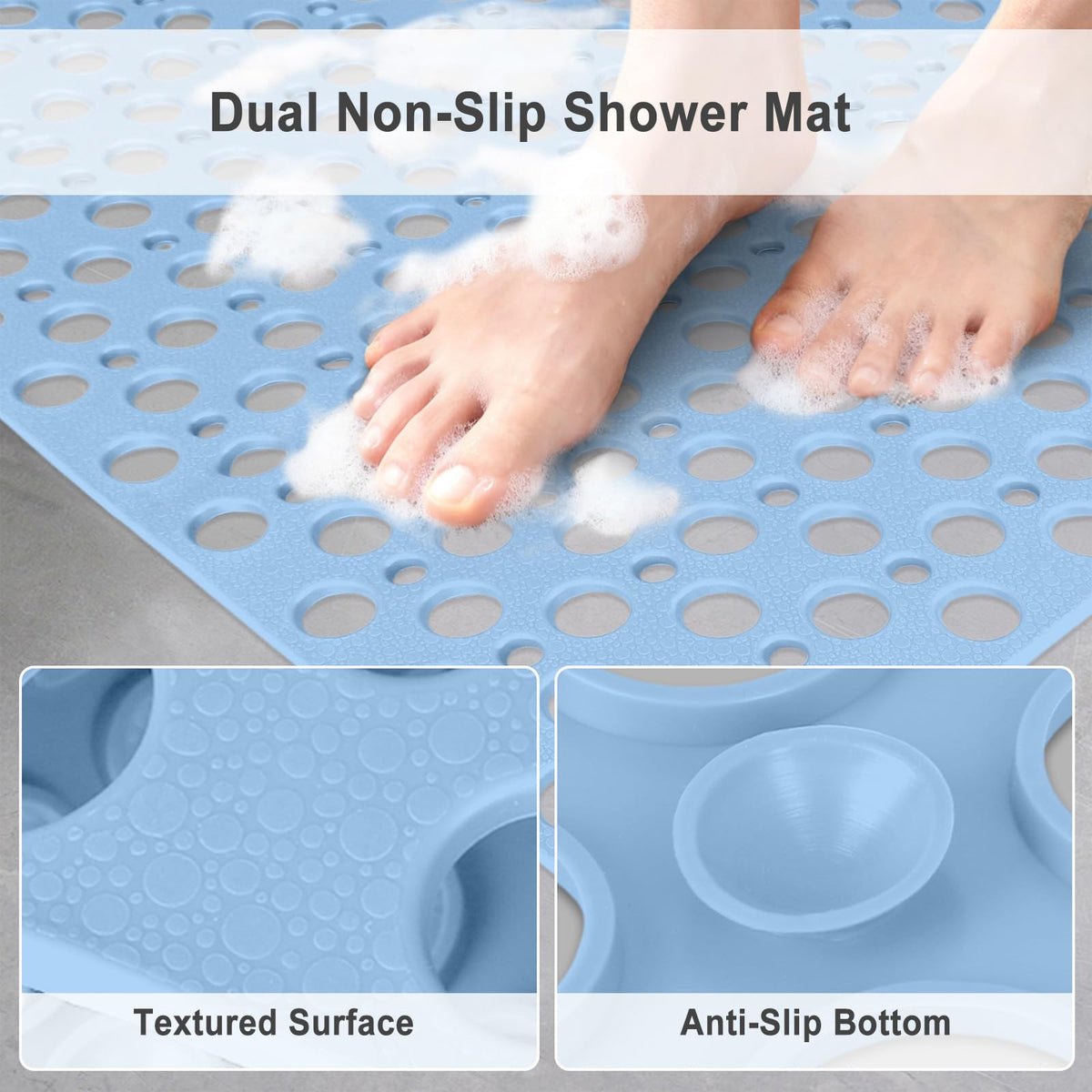 Square Shower Mat 70x70 cm, Non Slip Shower Mat, Soft TPE Large Shower Mats for Inside Shower, Bath Mat with Suction Cups & Drain Holes