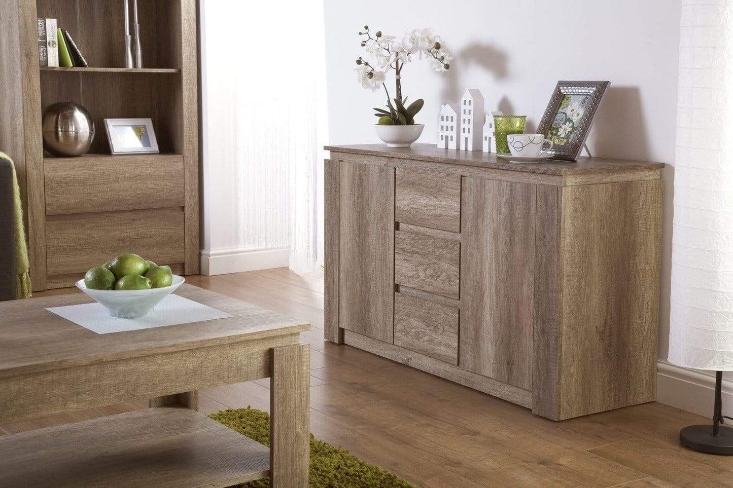 GFW Canyon Oak Sideboard Unit – 3 Drawers & 2 Door Storage Cabinet with Adjustable Shelves for Living Room, Kitchen or Bathroom, 119 x 39.5 x 70 cm