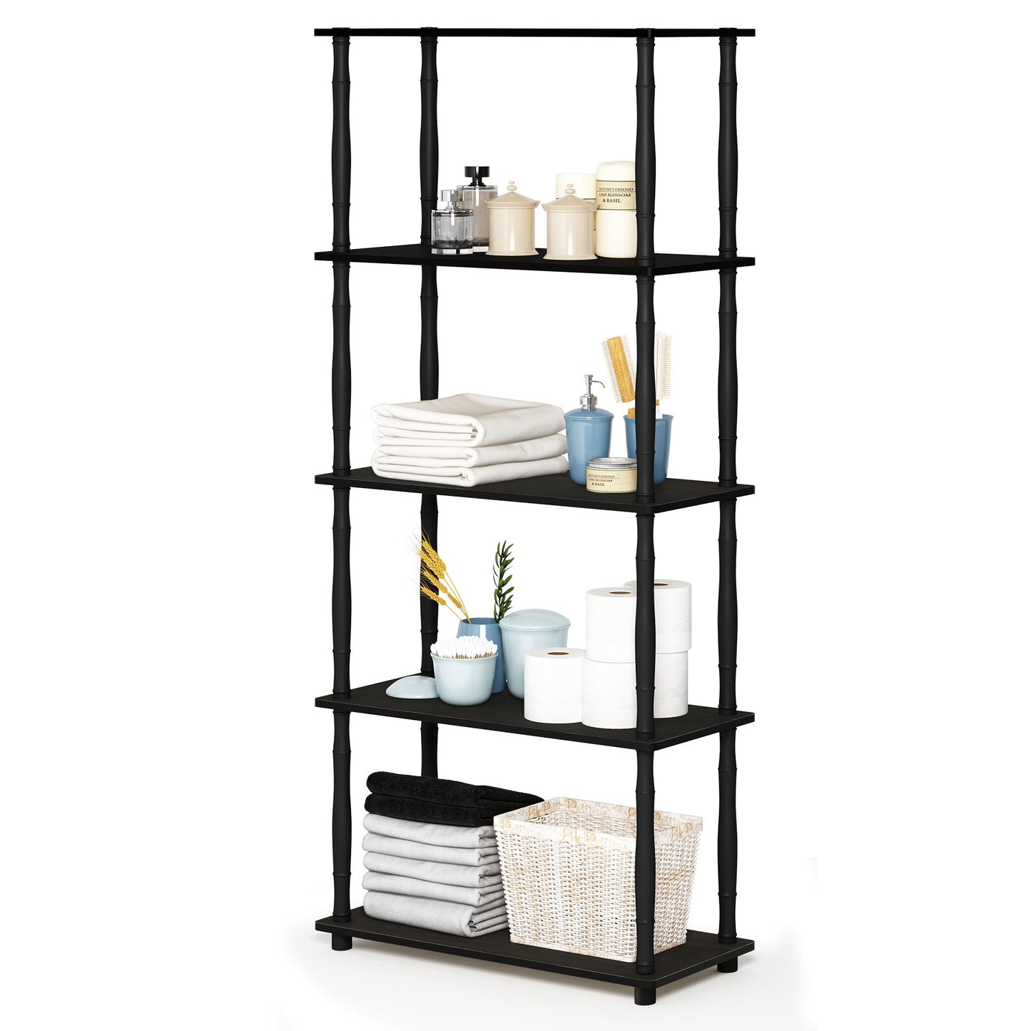 Furinno Turn-S-Tube Toolless Assembly 5-Tier Black Book Shelf, Corner Shelf, Open Shelves, Classic Tubes, for Organization and Storage, Living Room