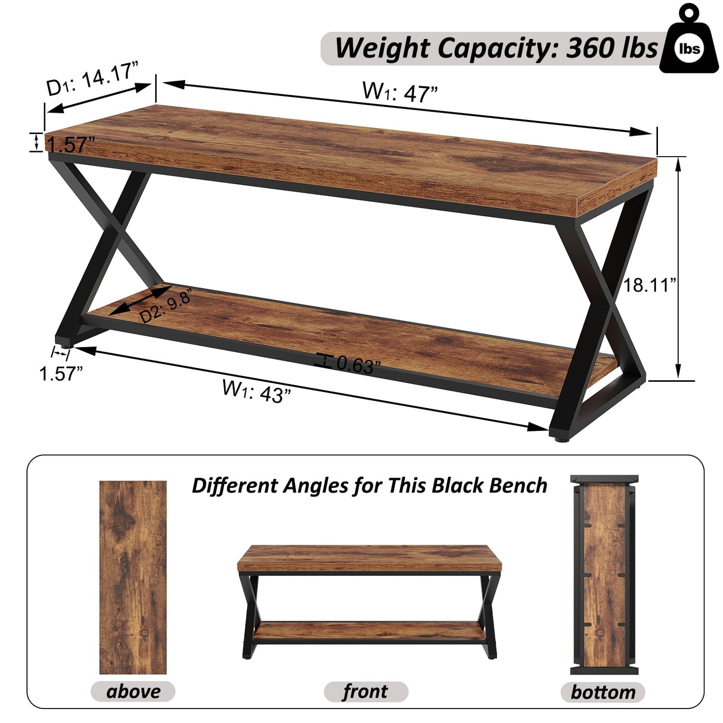 IBF Shoe Storage Bench Entryway shoe Benches for Hallway 120cm Rustic Brown
