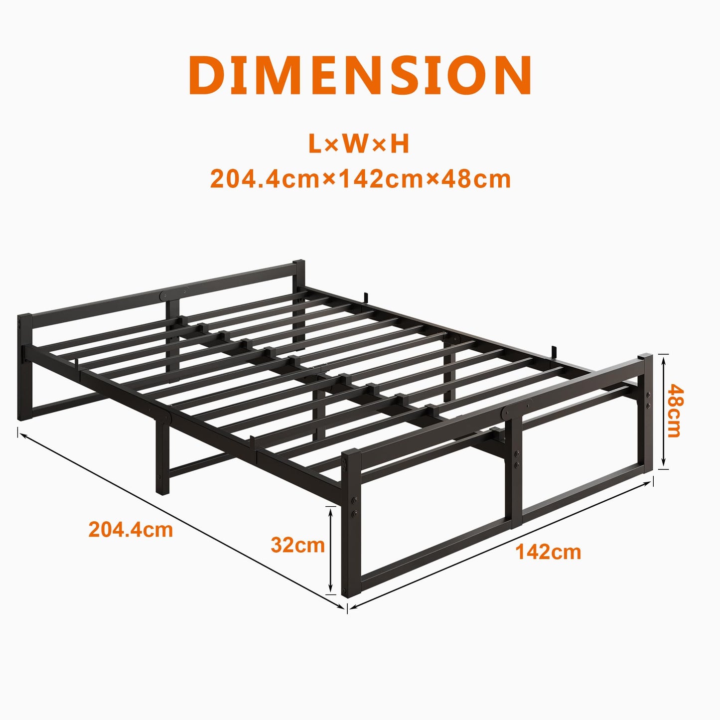 VECOCHO Bed 140 x 200, Bed Frame 140 x 200 cm with Metal Slatted Frame, Black