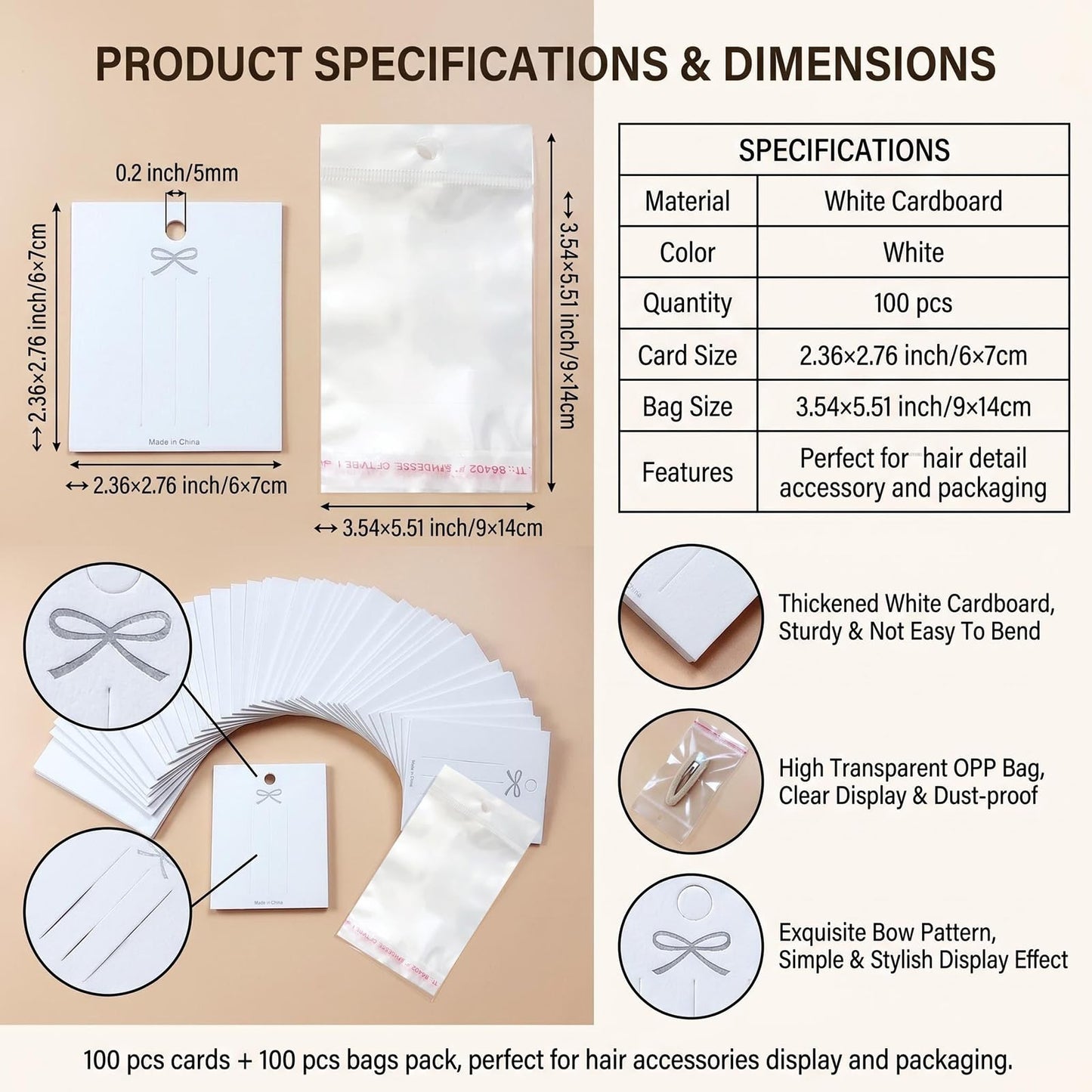 100PCS Hair Clip Display Cards with 100PCS Clear Bags Paper Cardboard Hair Barrettes Hairpin Card Holder for Jewelry Organizing