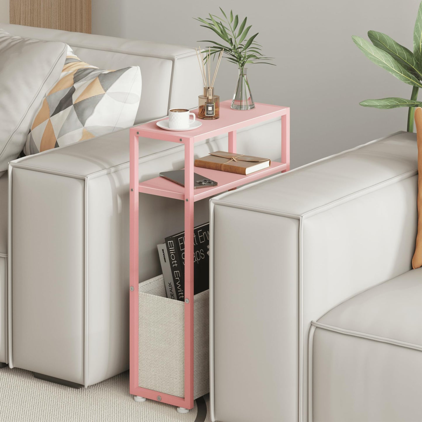 JERX Narrow Side Table with Fabric Basket, End Table for Small Spaces, Slim Side Table with Magazine Rack for Living Room Office Bedroom and Bathroom