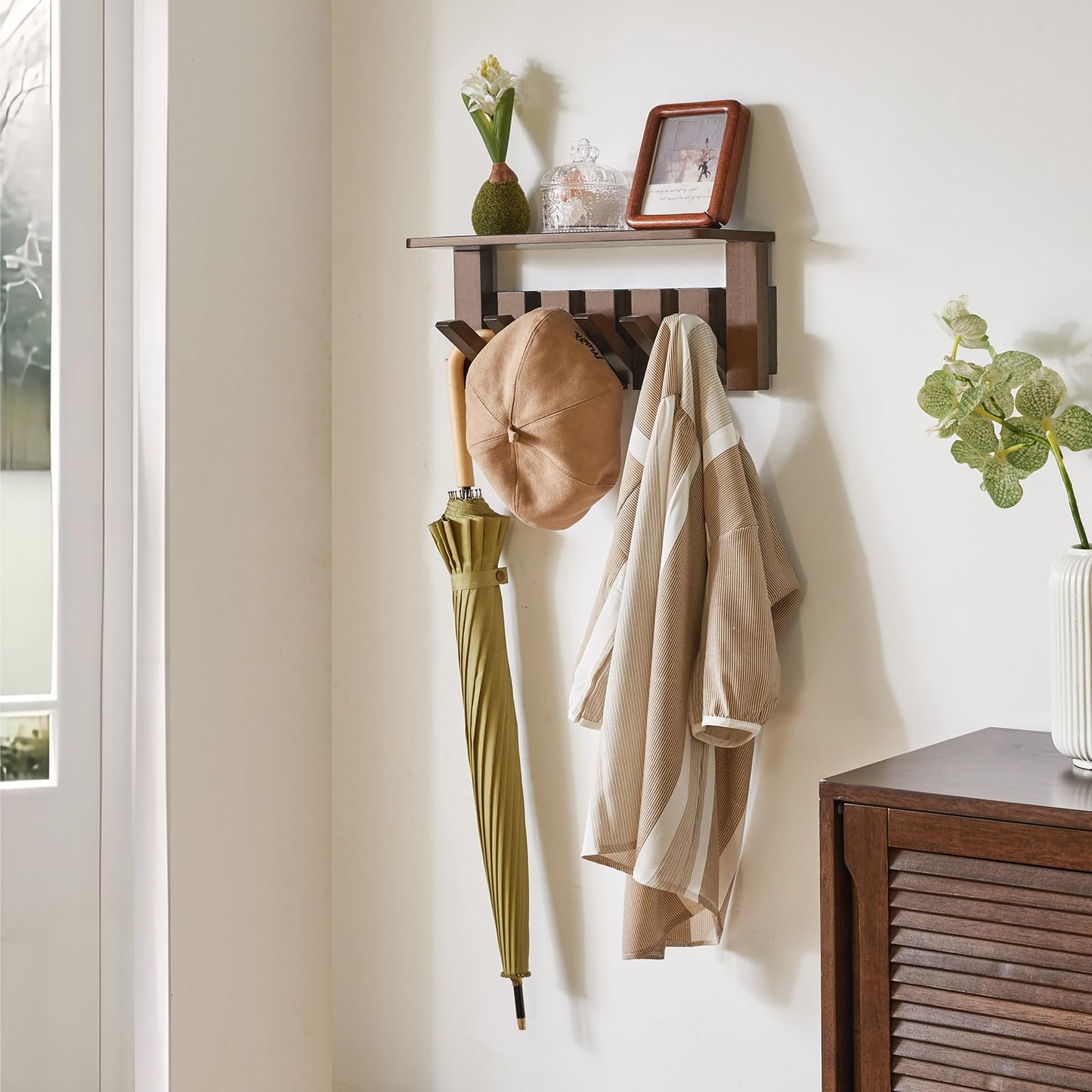 YMYNY Piano Key Coat Hooks Wall Mounted with Shelf, Walnut, HWS008H