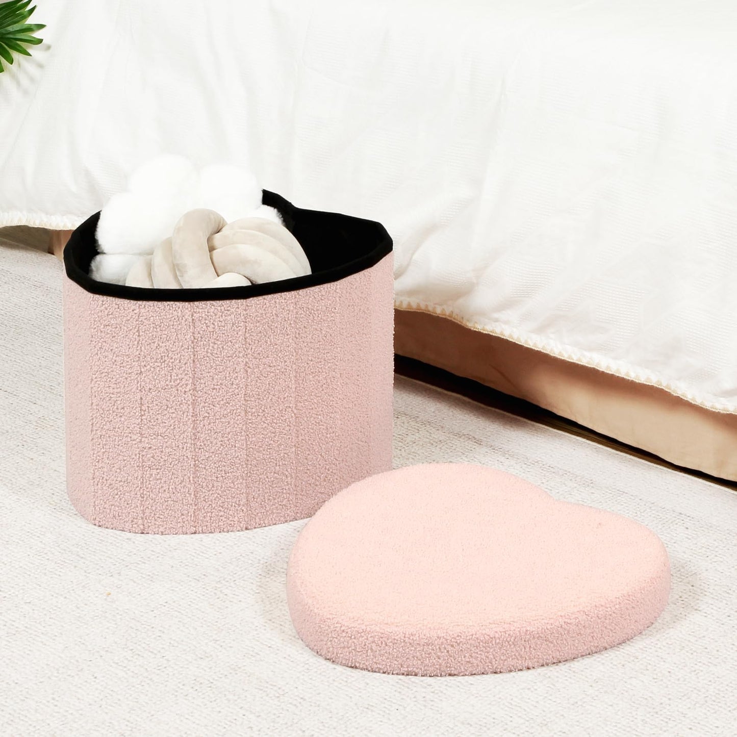 Bonlife Pink Boucle Ottoman with Storage,Foldable Footstool for living room,Toy Chest,Storage Seat,Teddy Heart Shape Footrest,38X38X32cm