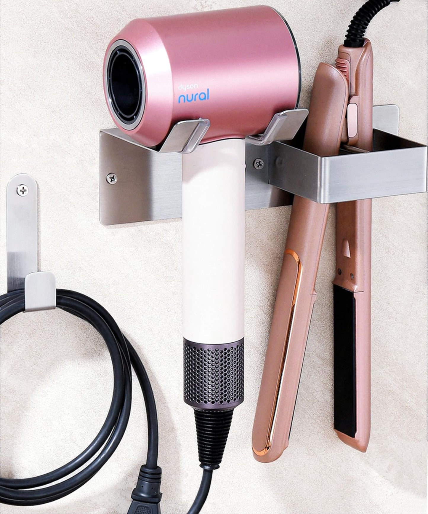 BANJEKT Hair Dryer and Straightener Holder, Stainless Steel Hair Dryer Holder Wall Mounted Drilling/Adhesive, Hair Dryer Holder for Bathroom