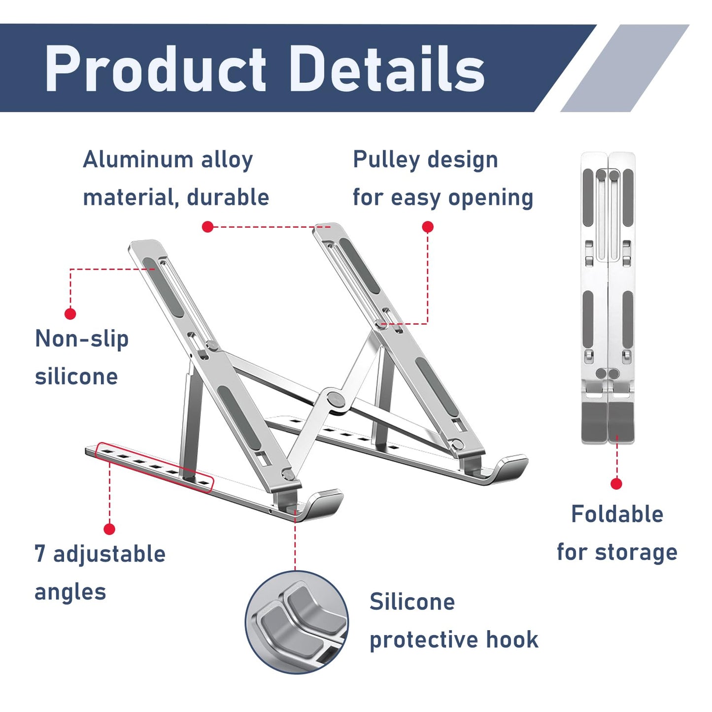 Laptop Stand for Desk, Adjustable Laptop Riser, Foldable Portable Aluminum Riser for Laptop & Tablet, Ergonomic Computer Holder for Home Office