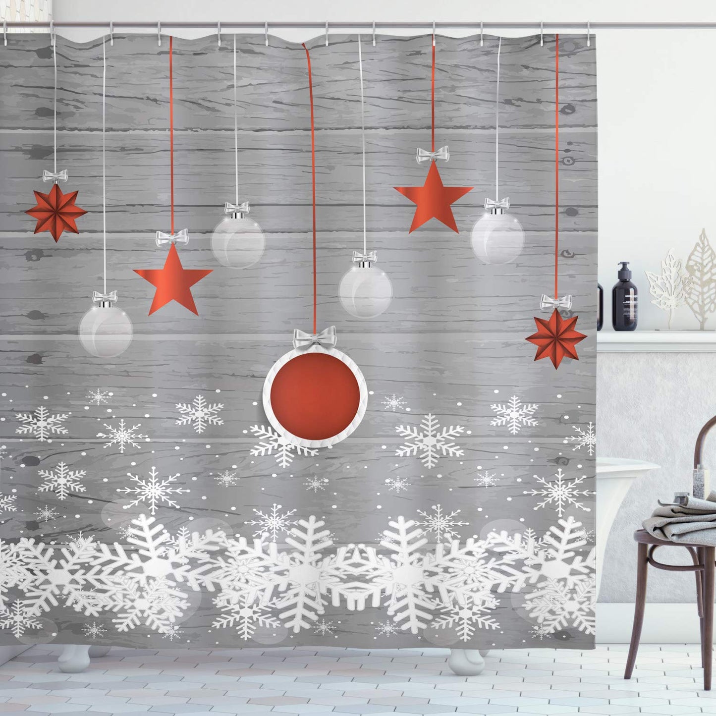 ABAKUHAUS Christmas Shower Curtain, Traditional Celebration Theme Pendant Stars Baubles Ornate Snowflakes, Cloth Fabric Bathroom Decor Set with Hooks,