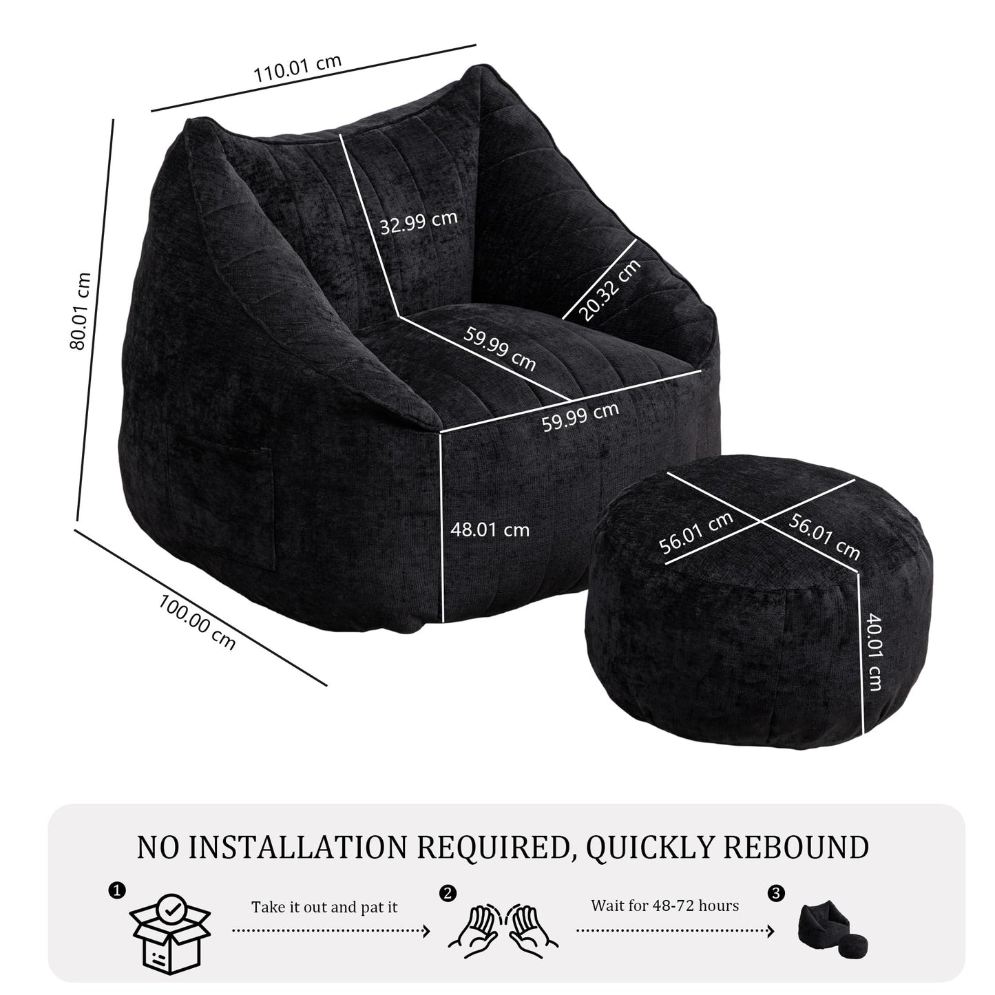 MINCETA Giant Bean Bag Chair with Ottoman, Oversized Beanbag Chair with Back Support,Comfy Bean Bag Couch for Living Room, Bedroom, Black