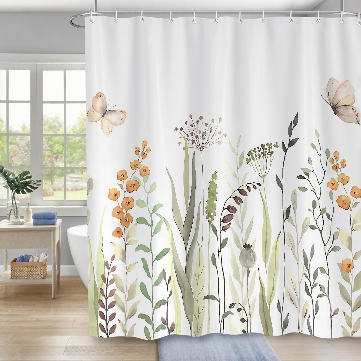 Minicoco Shower Curtain with Floral Botanical - Mould & Mildew Resistant Waterproof Bathroom Decor, 100% Polyester with 12 Hooks, 180x180 cm