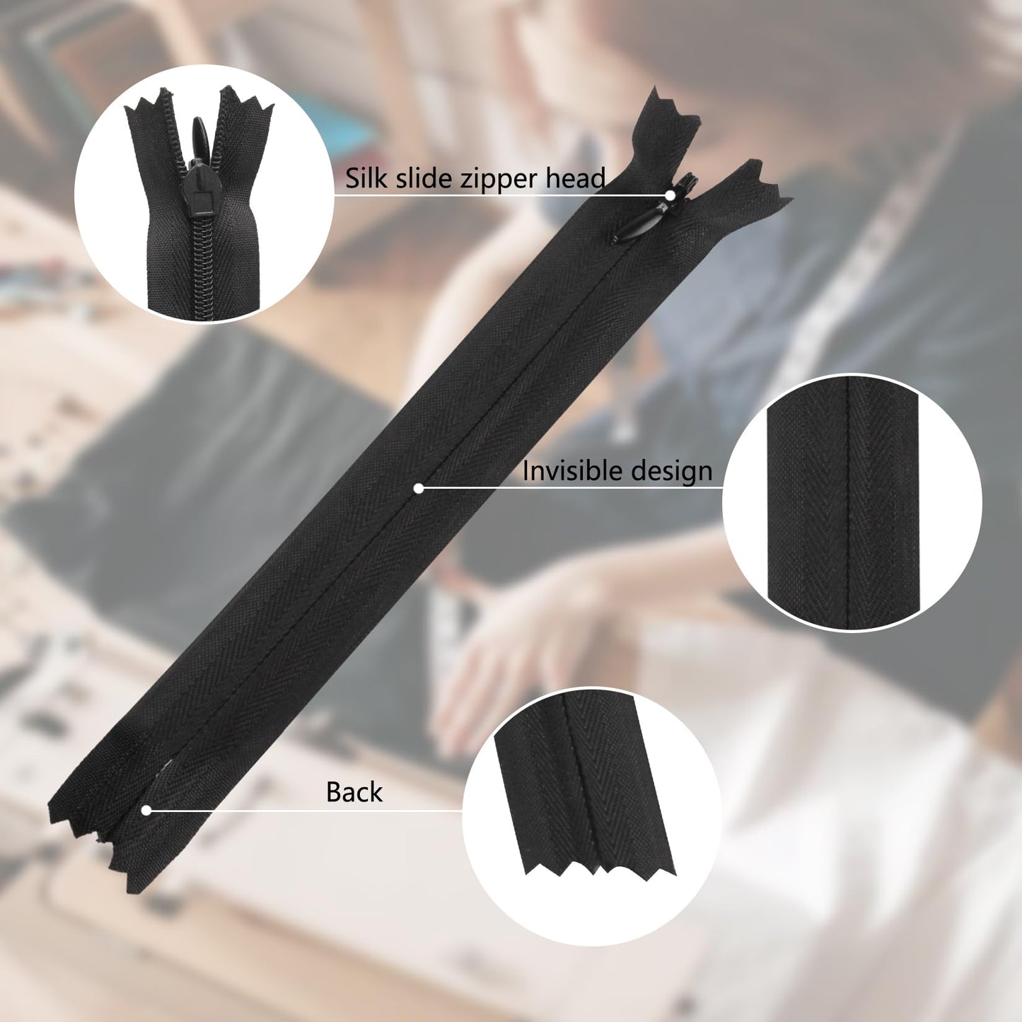 10 Pcs Invisible Zips for Sewing, 40 cm/16 Inch Black Zips, #3 Concealed