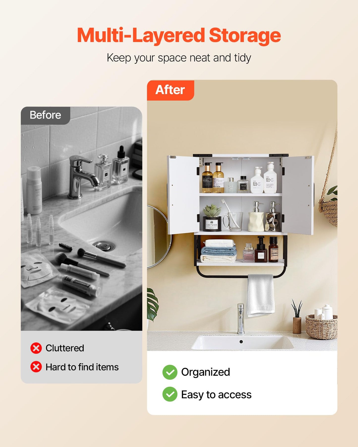 VEVOR Bathroom Wall Cabinet, with 2 Doors & Adjustable Shelf, Over the Toilet Storage Medicine Cabinet Wall Mounted