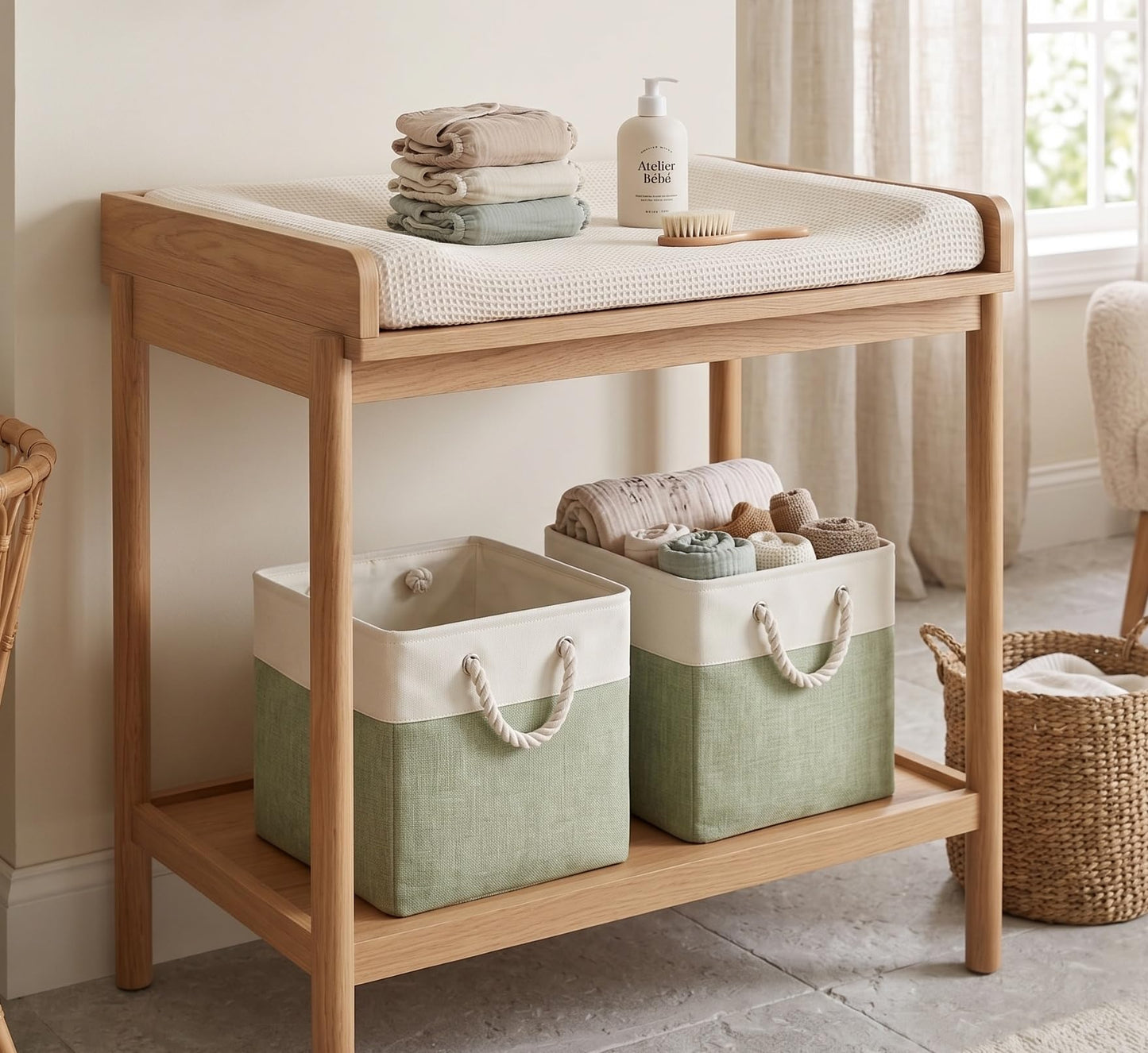 SOCOHOME Fabric Cube Storage Boxes,25x25x25cm Canvas Storage Baskets for Nursery Closet Toys Shelf(Green/White, Set of 3)