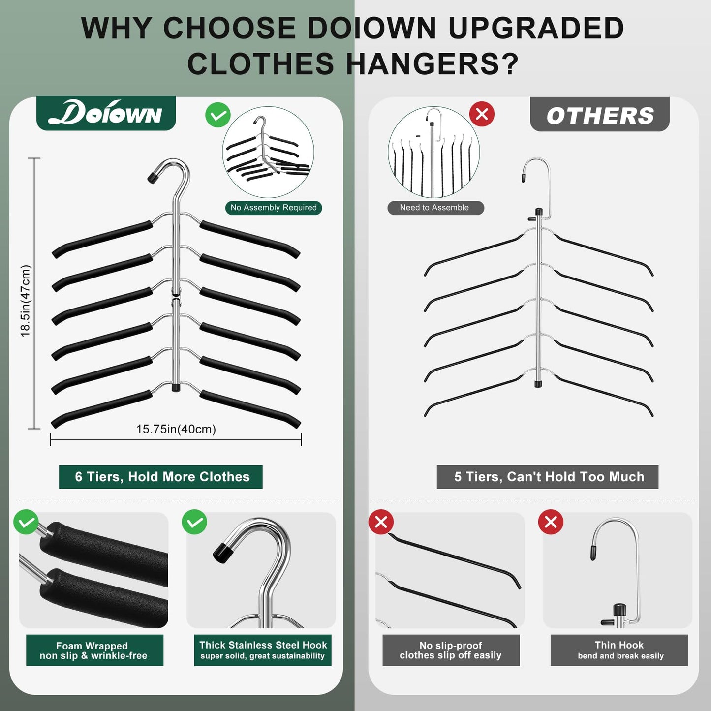 DOIOWN Space Saving 6 Tier Coat Hangers: Non Slip Foam Padded, Black, Stainless Steel & EVA, 3 Pack, Up to 30 lbs, Perfect for Men, Women & Kids