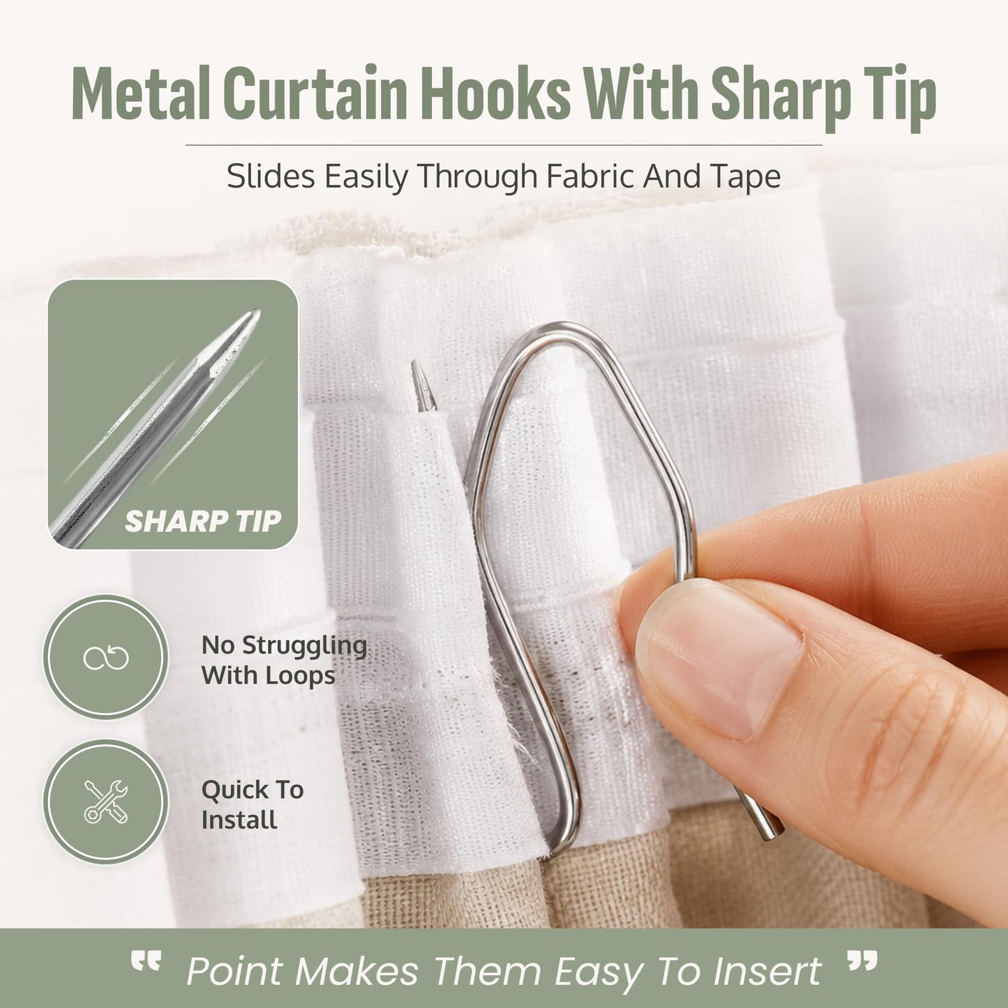 Metal Curtain Hooks - Heavy Duty Zinc Pin Hooks, 50 Pack Curtain Pins for Pencil Pleat & Pinch Pleat Heavy Lined Curtains, Heading Tape, Tracks
