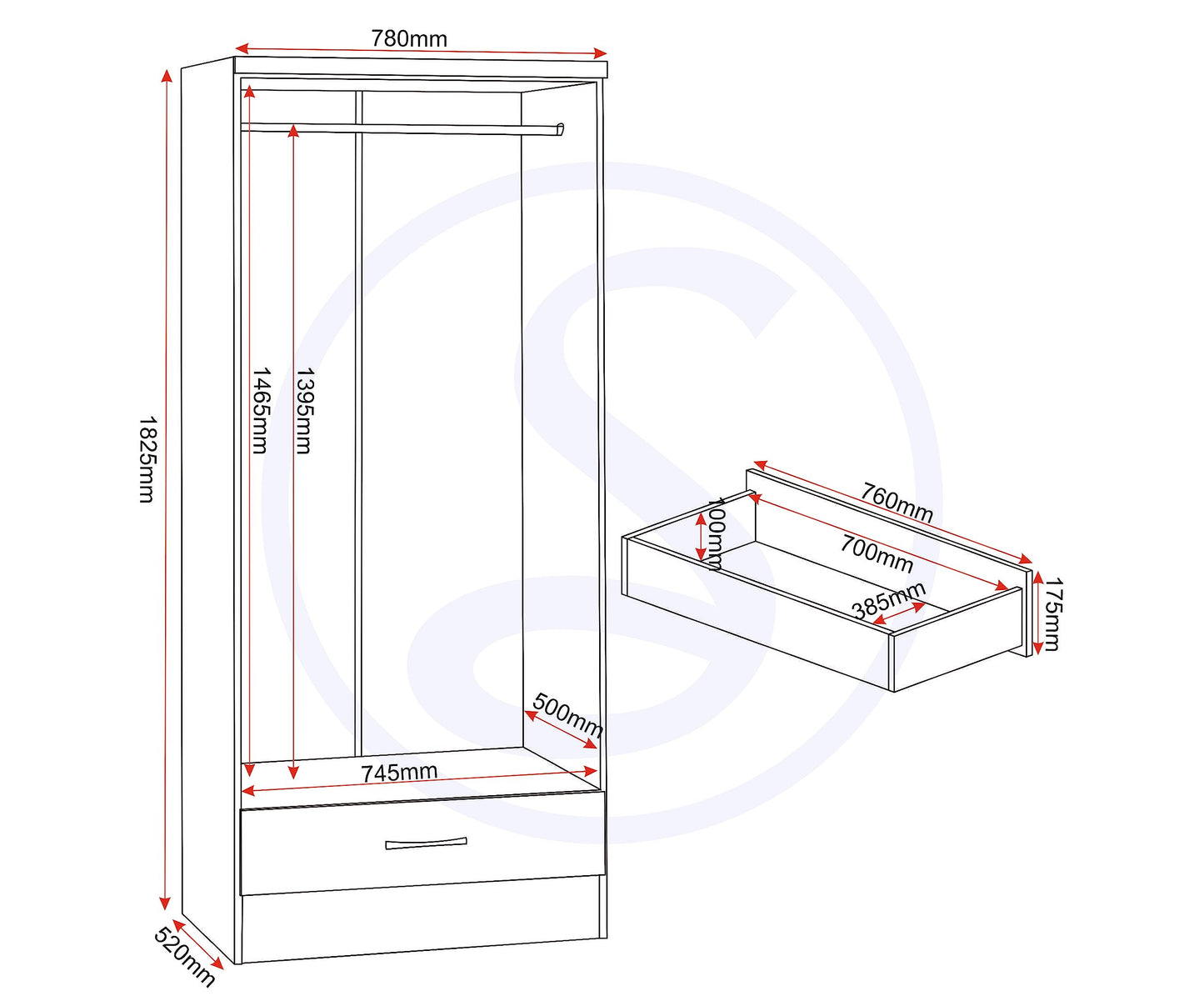 Seconique Nevada 2 Door 1 Drawer Wardrobe in 3D Effect Grey
