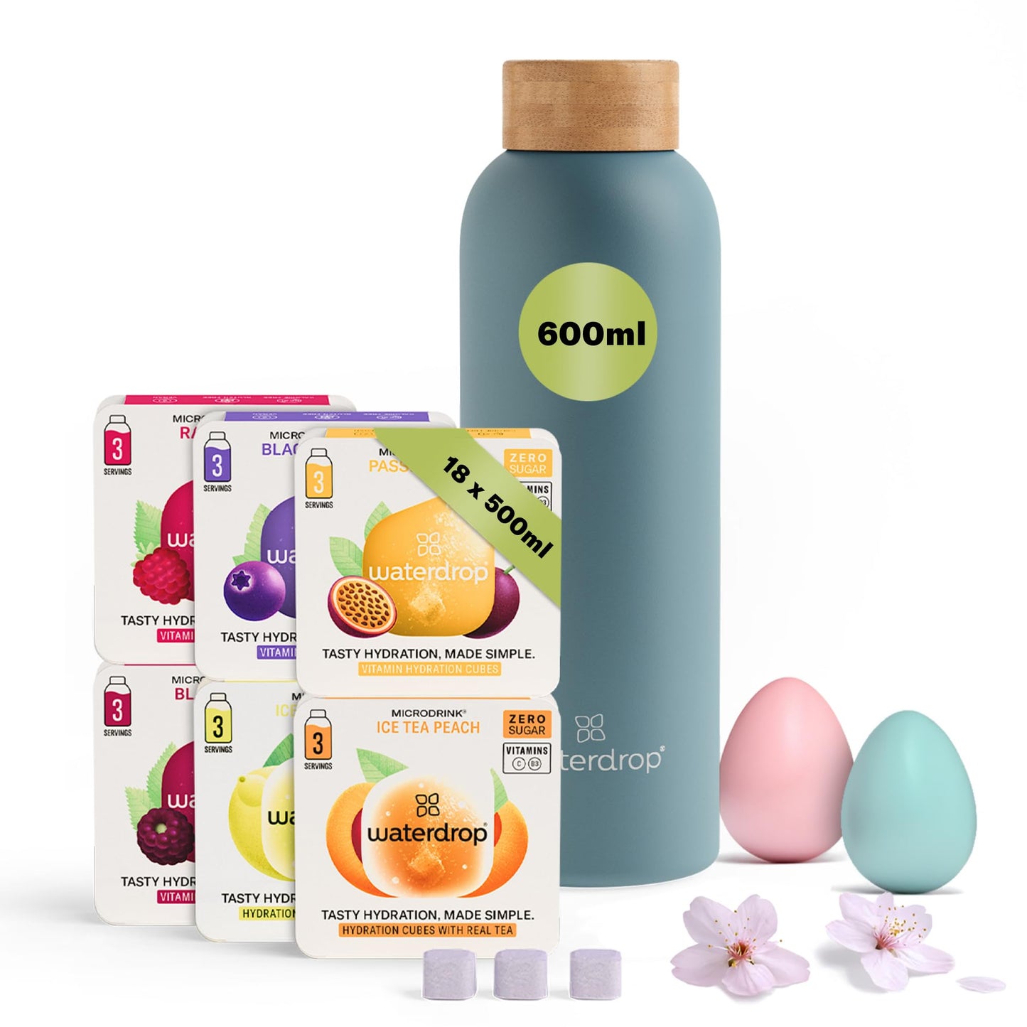 Waterdrop? Easter Gift Box - 600 ml Stainless Steel Bottle + 18 Water Flavouring Hydration Cubes, Vitamin Infused, Sugar Free Microdrink, Perfect