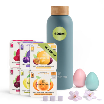 Waterdrop? Easter Gift Box - 600 ml Stainless Steel Bottle + 18 Water Flavouring Hydration Cubes, Vitamin Infused, Sugar Free Microdrink, Perfect