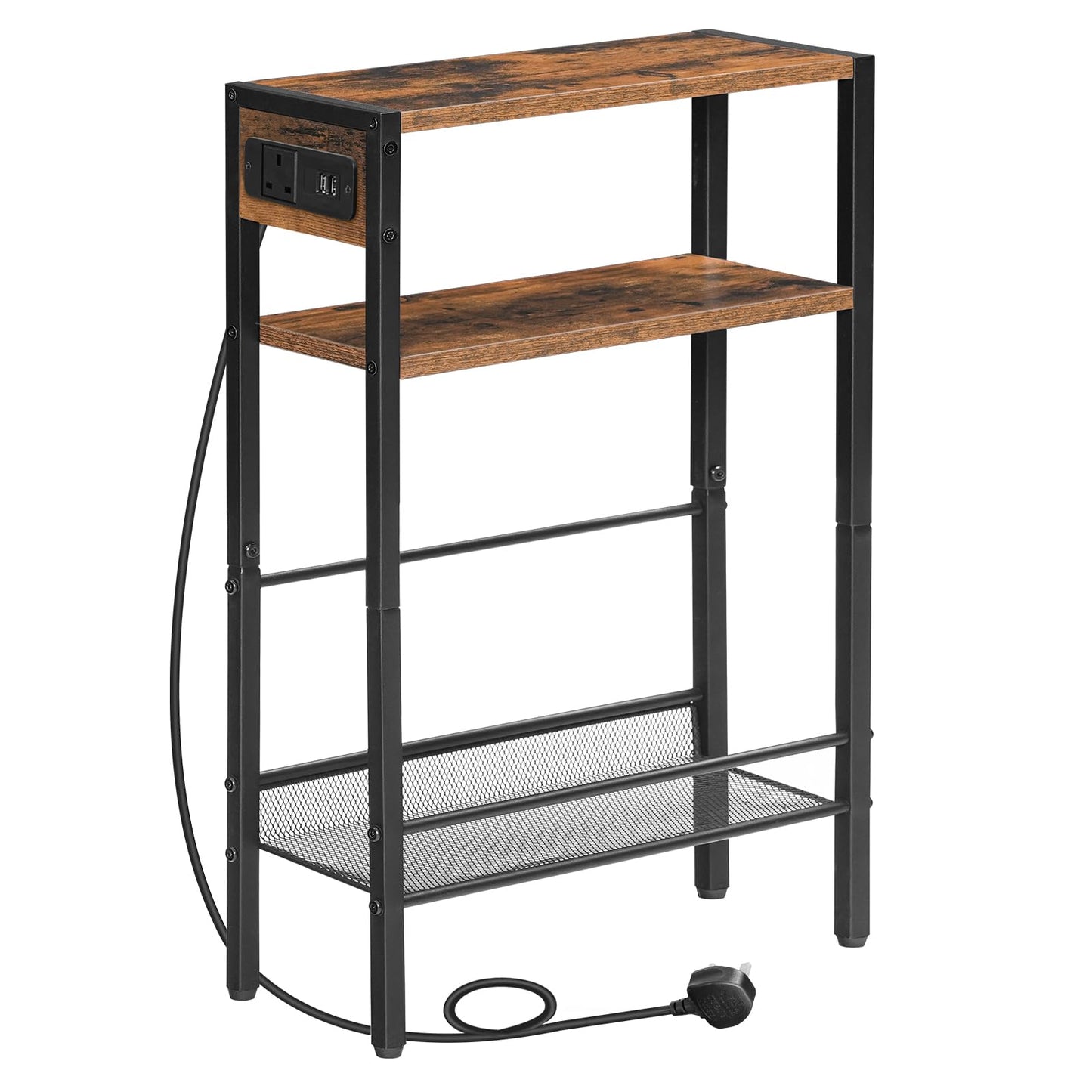 HOOBRO Slim Side Table with Charging Station, Narrow Side Table with USB Ports and Power Outlet, 42 x 18 x 65 cm, 3-Tier End Table for Small Space,