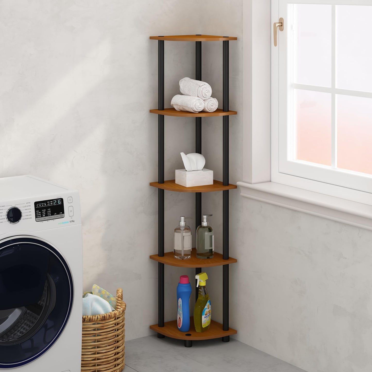 Furinno TURN-N-TUBE Corner Shelf, 5-Tier Corner Display Rack, Shelving Unit, for Organization and Storage, Living Room, Home Office, Garage, Bedroom