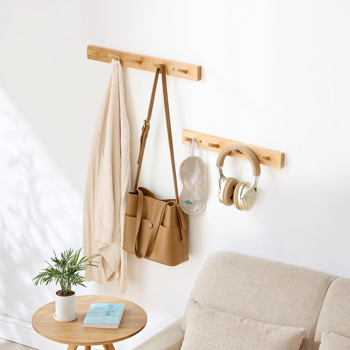 Wooden Coat Rack Wall Mounted, 60cm Hickory Wood Floating Jackets Hooks