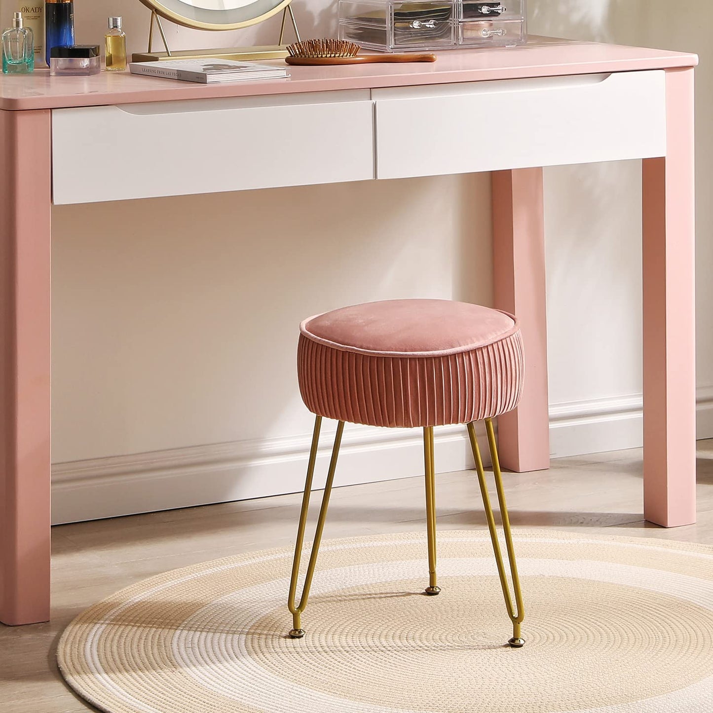 IBUYKE Makeup Vanity Stool, Velvet Round Footrest Ottoman, Pink L/G-30P
