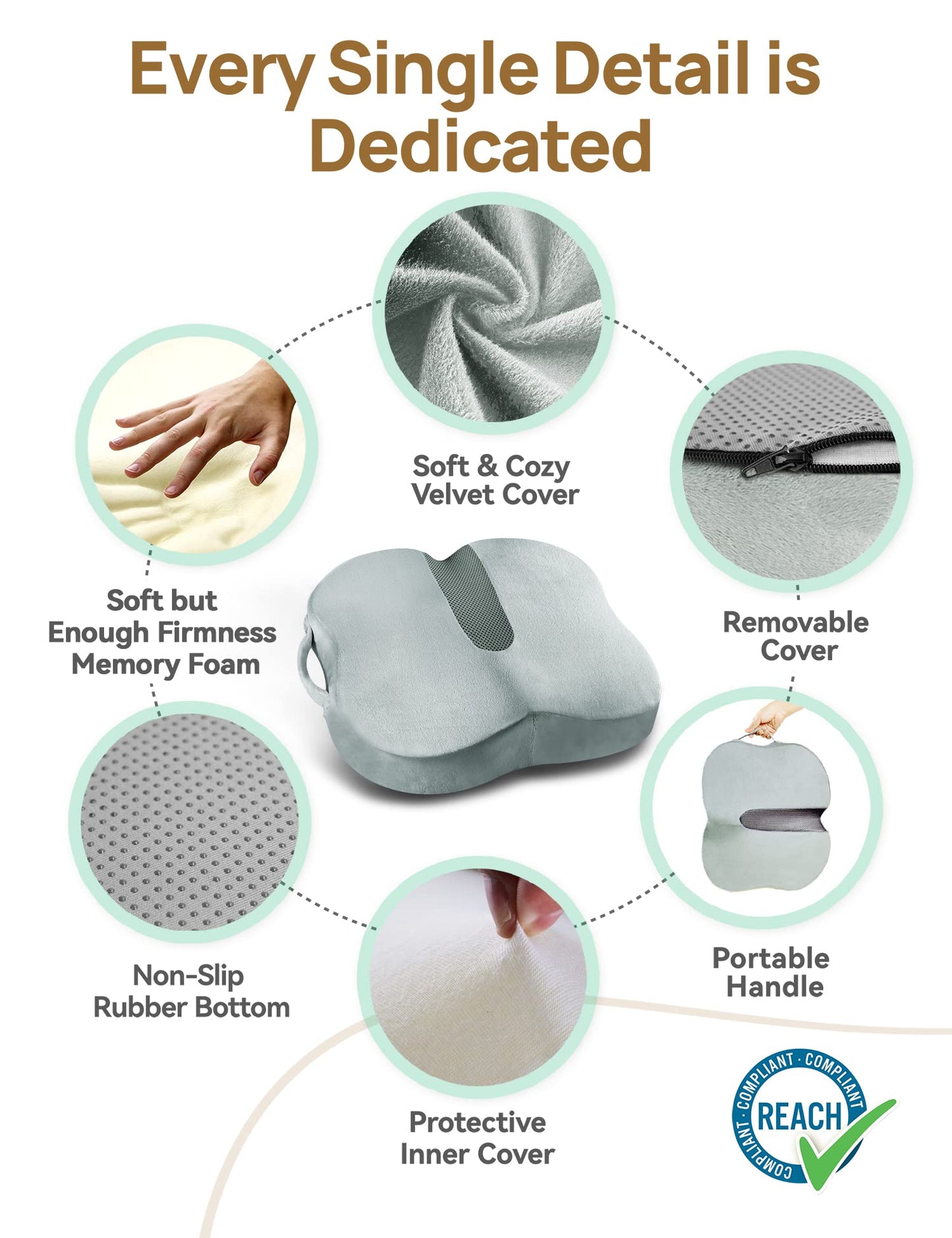 Travel Ease Ergonomic Seat Cushion, Premium Memory Foam Chair Pad with Anti-Slip Base for Long Hours Sitting Comfort