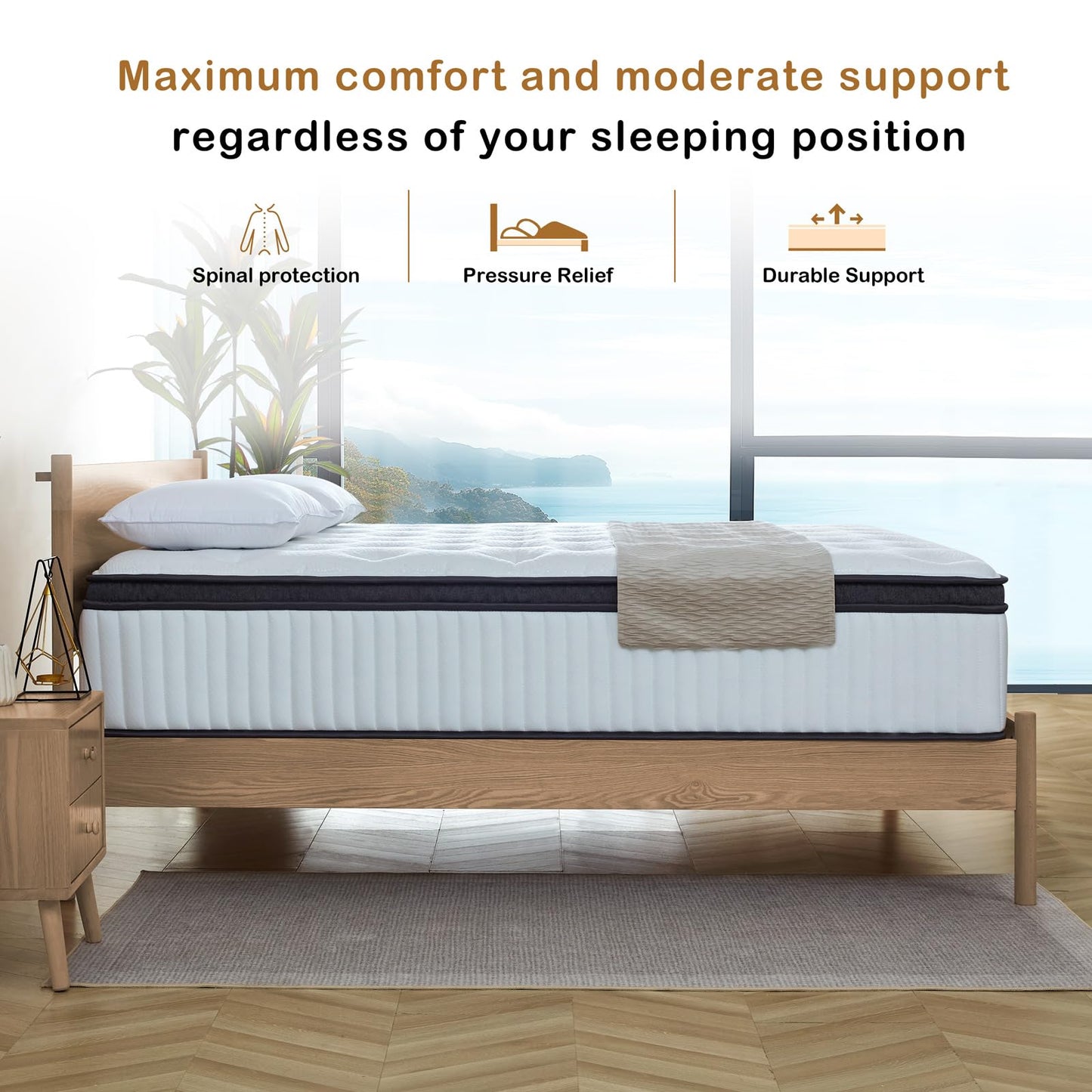 Tegeniss Double Mattress 25cm with Memory Foam & Pocketing Spring |In a Box,Medium Firm, Breathable Cover,Motion Isolation,Edge Support,White