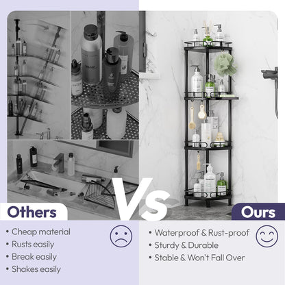 SWTYMIKI Corner Shower Caddy Standing - 4 Tier Stainless Steel Shower Organizer Stand with 4 Hooks & Soap Holder, Rustproof Metal Standing Tall Floor