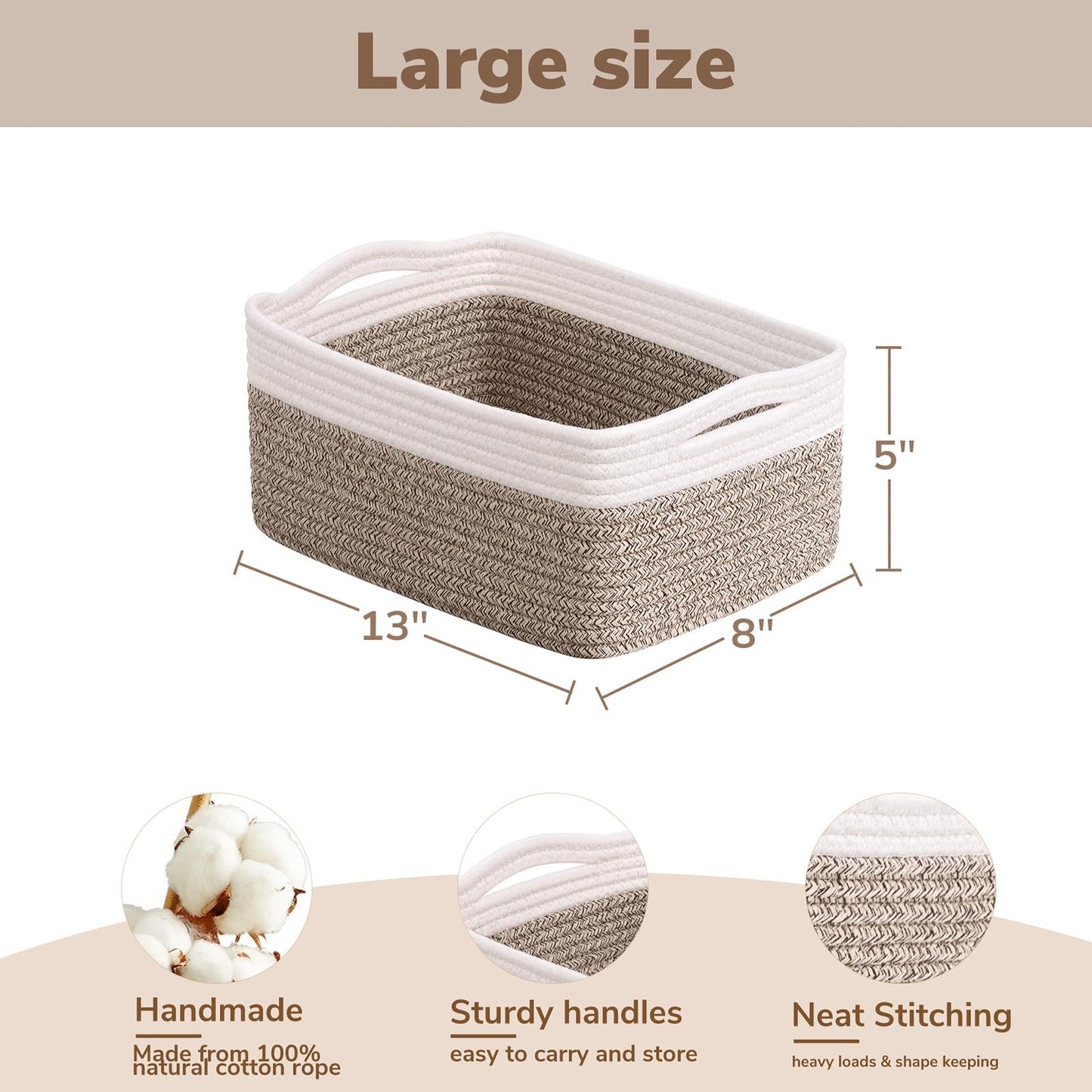 TIMEYARD 3 Pack Woven Rope Storage Basket Shelf Basket White Brown