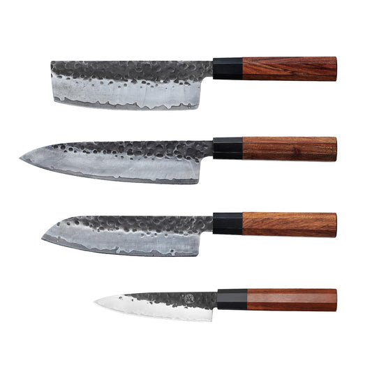 MITSUMOTO SAKARI 4 Pcs Chef Knife Set, Japanese Kitchen Knife Sets, Professional Hand Forged Kitchen Knives (Rosewood Handle & Sandalwood Box)