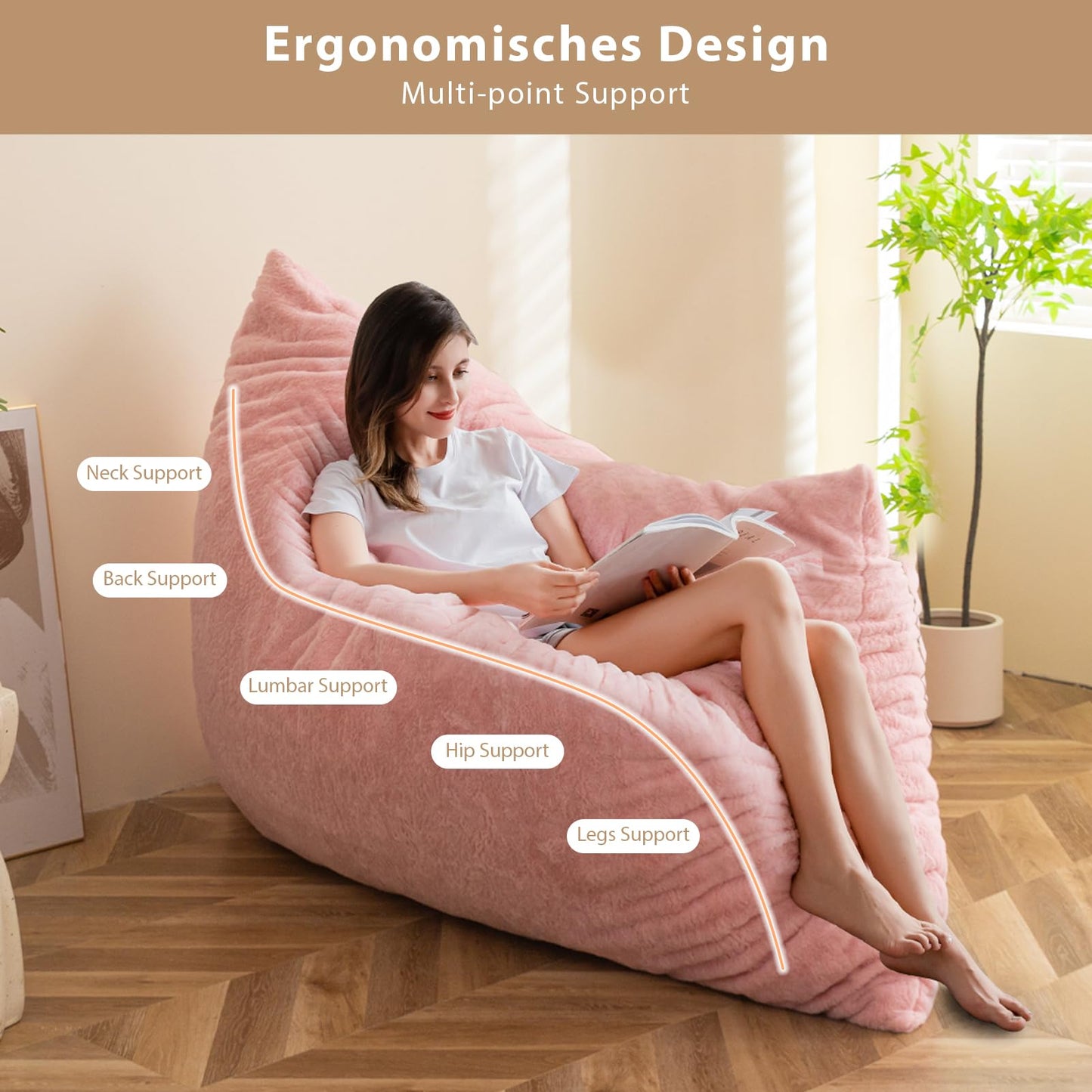 MAXYOYO Giant Bean Bag Bed - Square Bean Bag Chair - Large Sofa with Plush Cover and Fluffy Filling Included for Adult, Couples, Guest (Pink, Double)