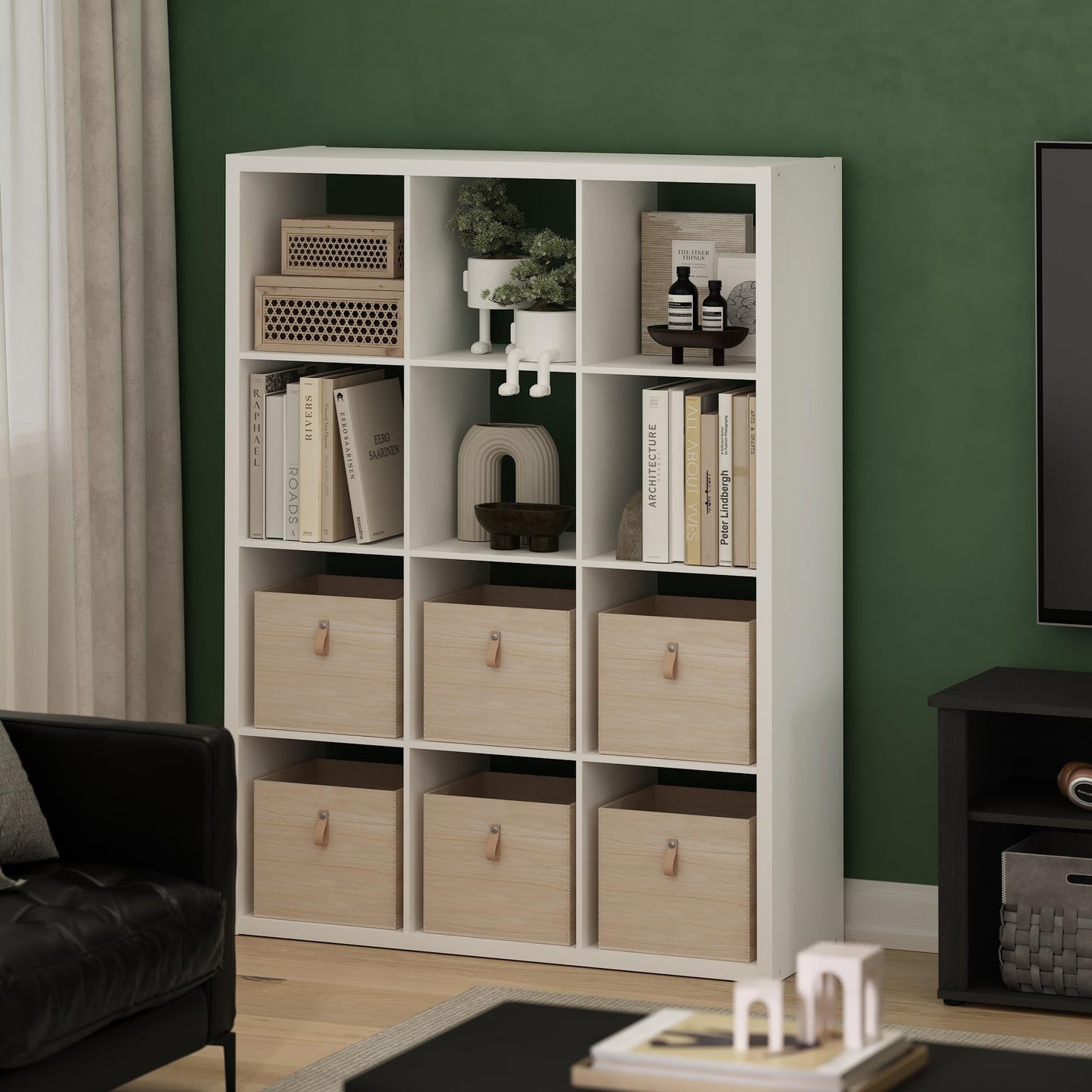 Furinno CUBICLE Book Shelf, 12-Cube Thick Frame Bookshelf, Reversible Bookcase with Open Back, 37.08 x 111.25 x 147.32 cm, for Living Room, Bedroom