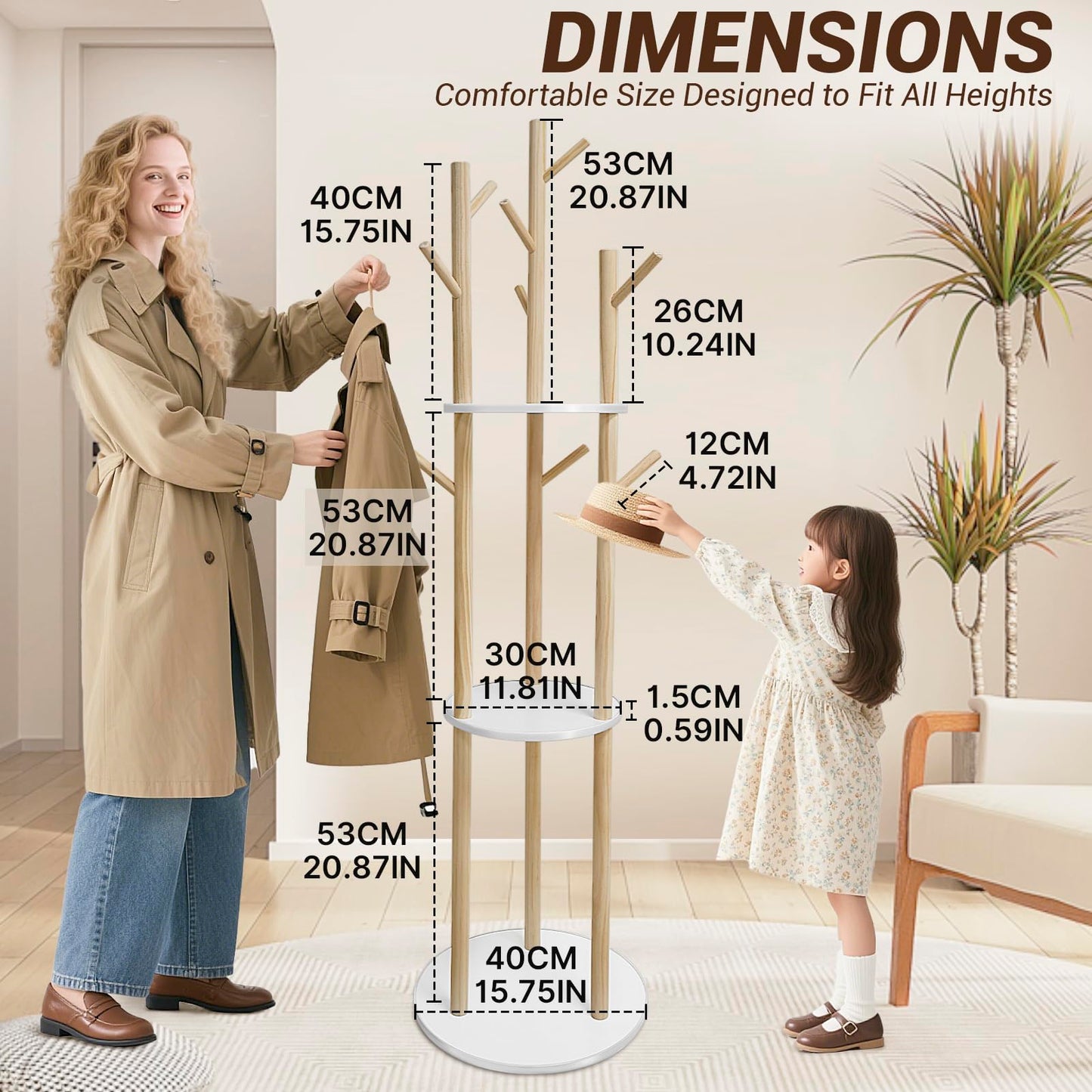 SUNDOY 165CM Wooden Coat Rack Freestanding with 3 Shelves & 9 Hooks, Hall Tree Stand for Entryway, Bedroom, Hallway & Living Room