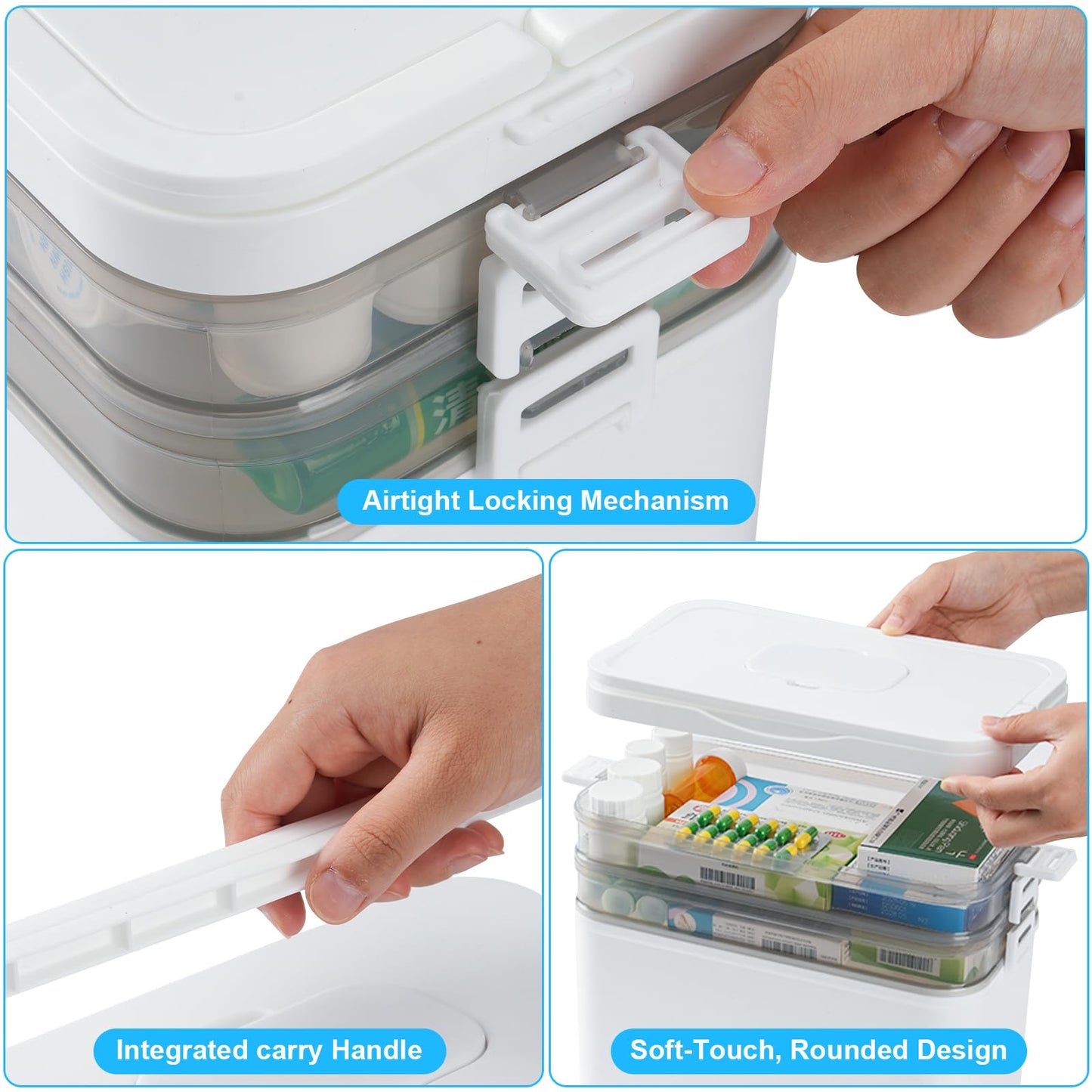 3 Layer Medicine Storage Box Organiser with Handle, Portable Medicine Container First Aid Box Empty