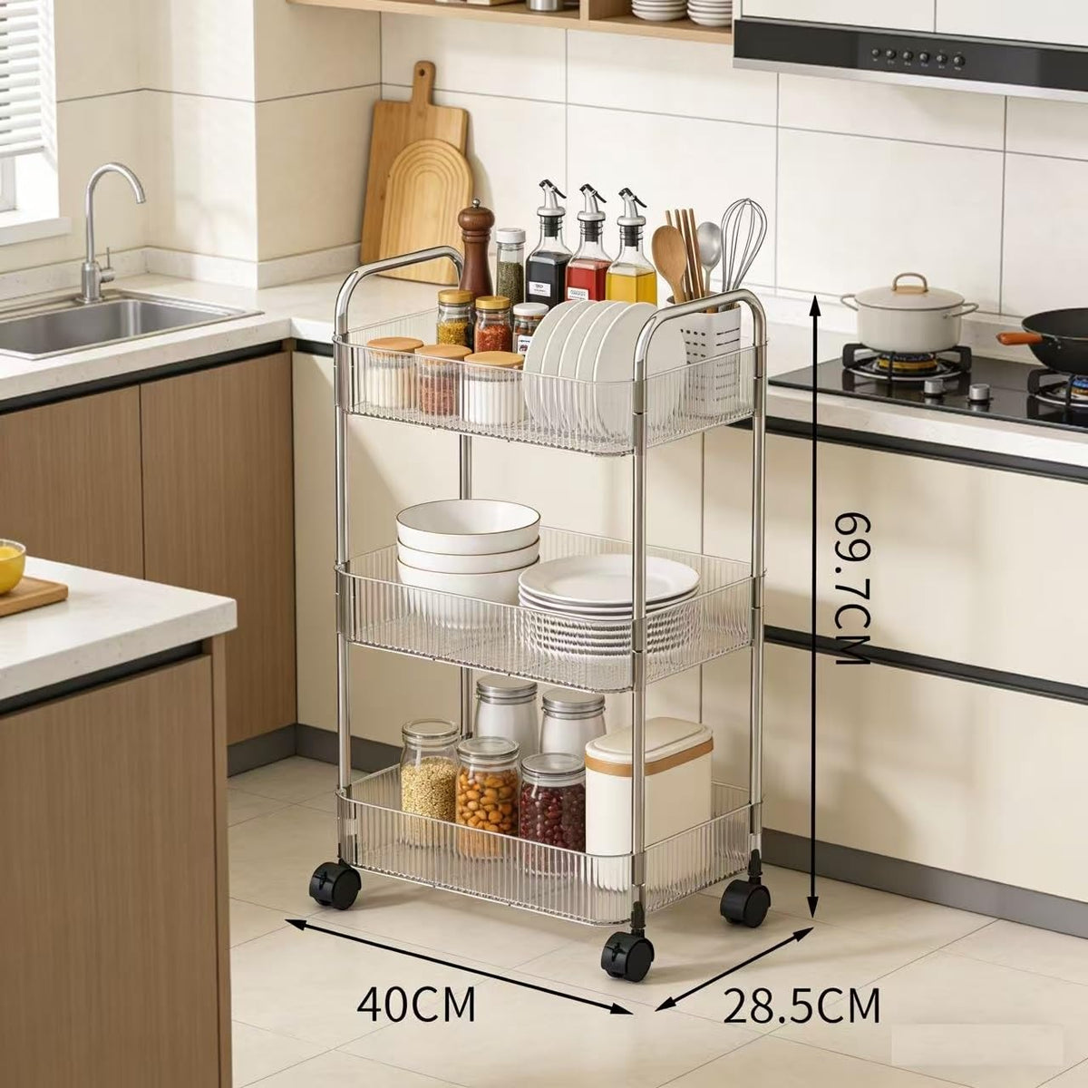 Multibao 2/3/4 Tier Storage Trolley on Wheels - Acrylic Shelf Cart for Bathroom, Spa, Salon Beauty 3 Tier 40 * 28.5 * 69.7cm
