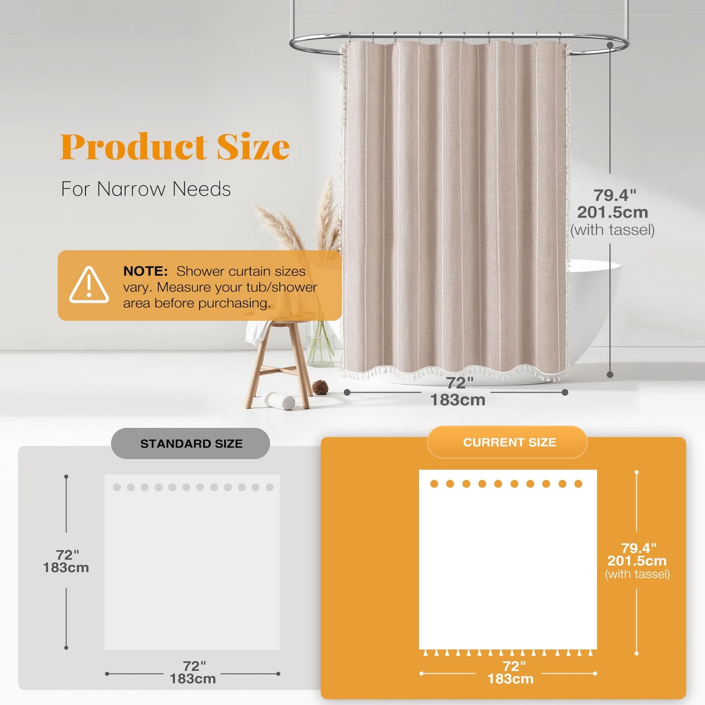 BTTN Long Boho Farmhouse Striped Shower Curtain, 183x201cm, Tan/Khaki