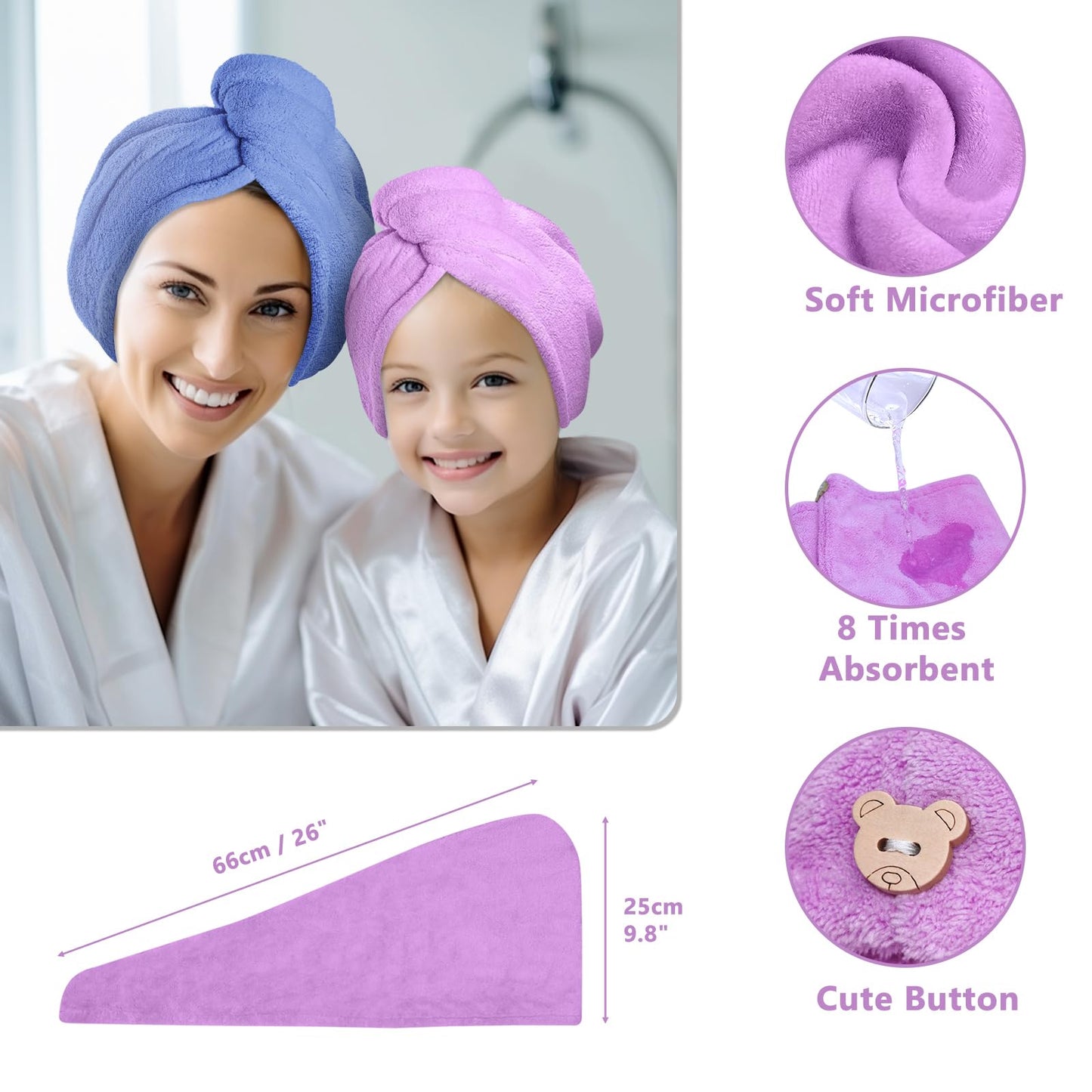 SNAIL GARDEN 4Packs Hair Cap Set, 2 Microfiber Hair Drying Towels Wrap with 1 Plastic Shower Hair Cap+1 Silk Sleeping Hair Protection Cap