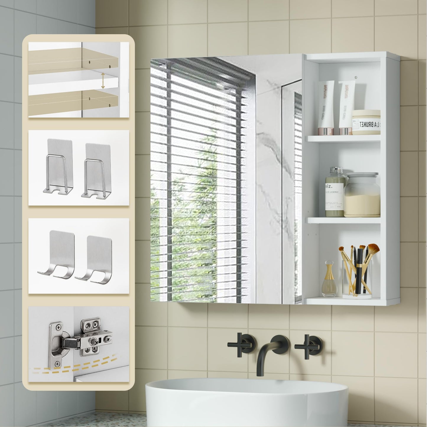 Mondeer Bathroom Mirror Cabinet, Wall Cabinet with Toothbrush Holder Cup Holder and Adjustable Shelves, Space Saving, Ventilation Design
