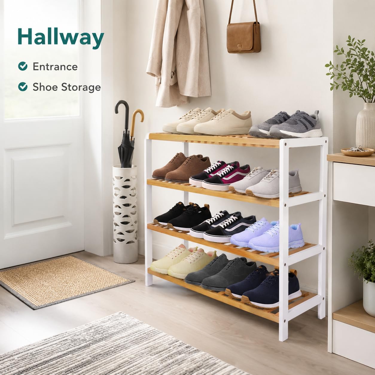 1ABOVE Bamboo Shoe Rack, Plant Rack, Perfect for Corridor, Living Room, Bathroom, Bedroom, Hallway or Small spaces-Parent. (White & Natural, 4 Tier)