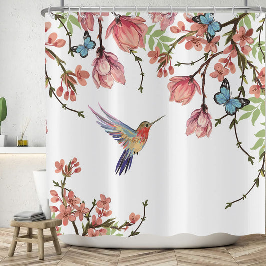 ASDCXZ Flower Shower Curtain 180x200 cm, Spring Rose Flowers Green Leaves Blue Butterfly Colorful Bird Washable Shower Curtains Polyester Textile