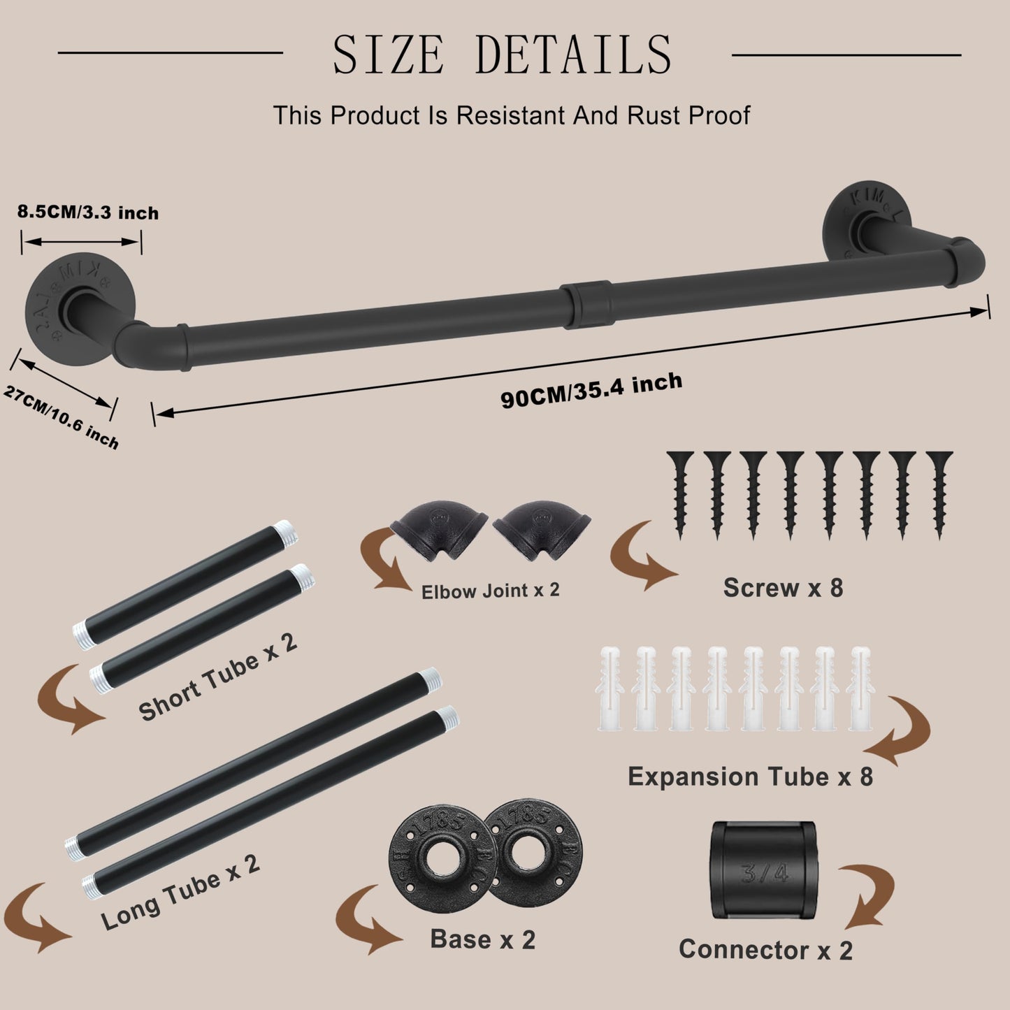VOLISON Wall Mounted Clothes Rail, 90CM Industrial Pipe Clothing Rack, Industrial Clothes Rail Wall Mounted